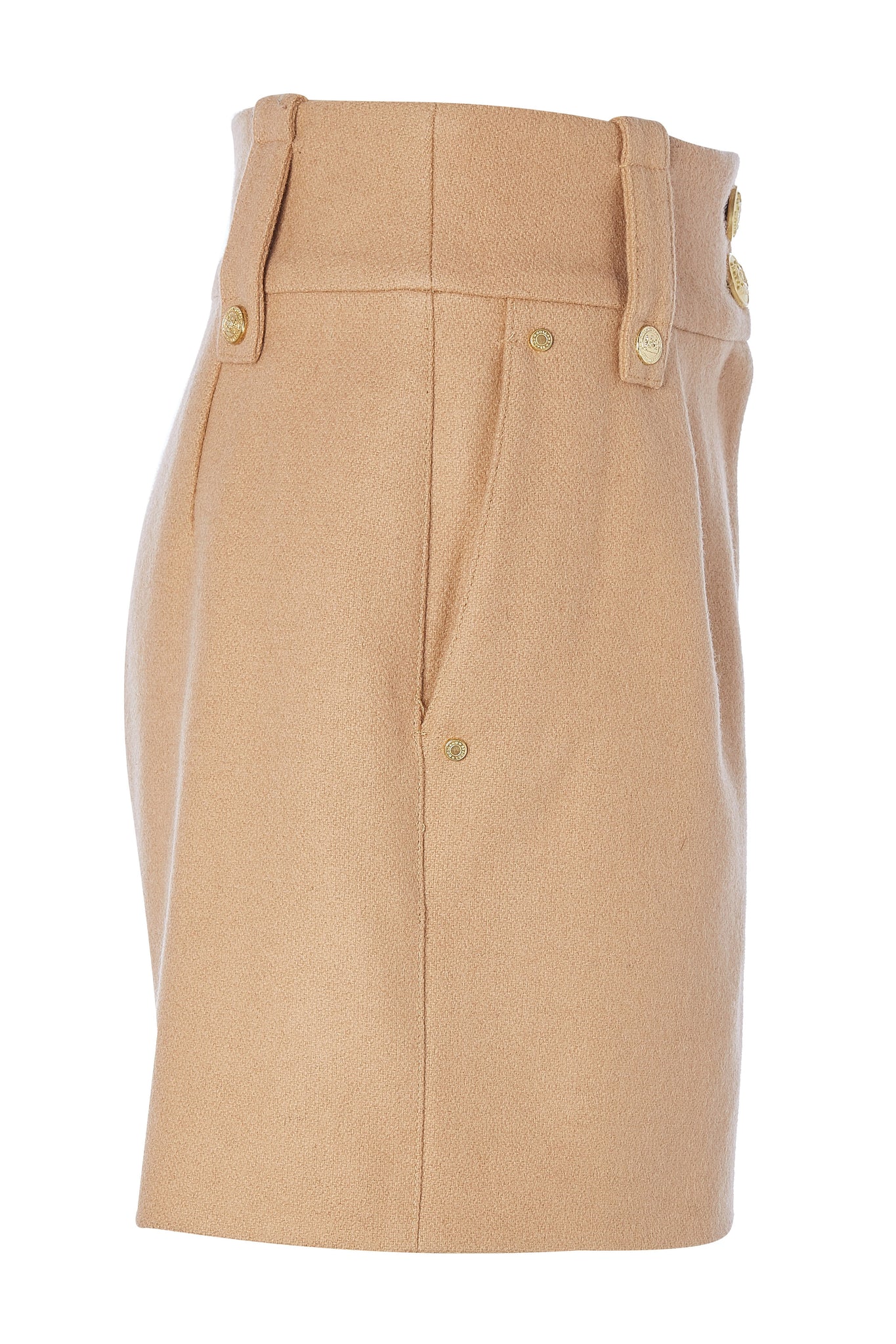 side of womens camel high rise tailored shorts with two single knife pleats and centre front zip fly fastening with twin branded gold stud buttons and side hip pockets with branded rivet detailing at top and bottom of pockets