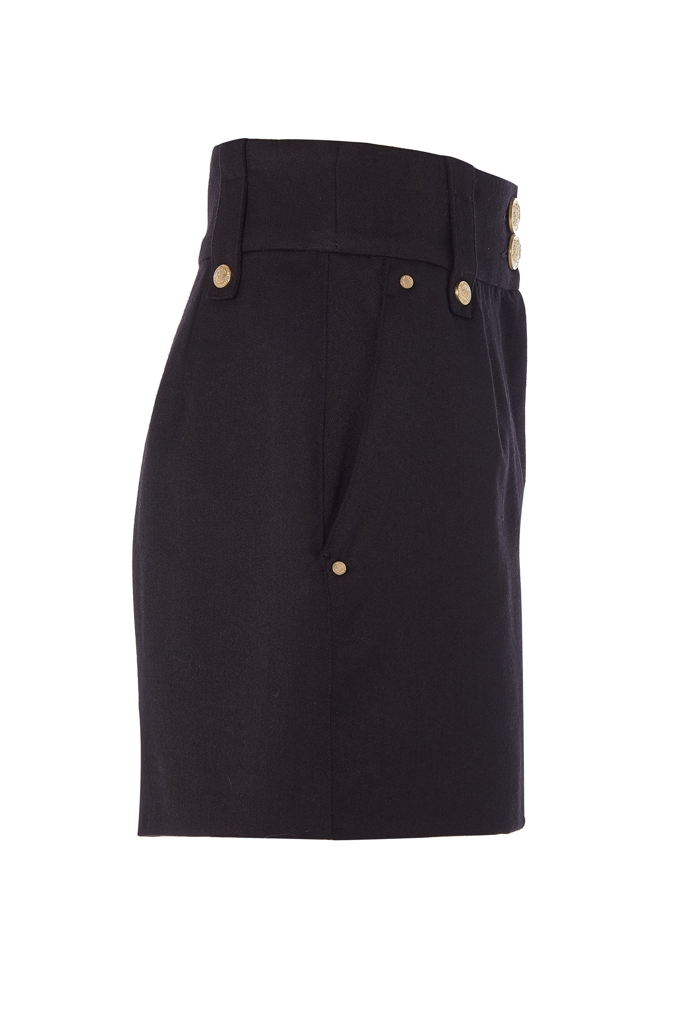 side of womens black high rise tailored shorts with two single knife pleats and centre front zip fly fastening with twin branded gold stud buttons and side hip pockets with branded rivet detailing at top and bottom of pockets