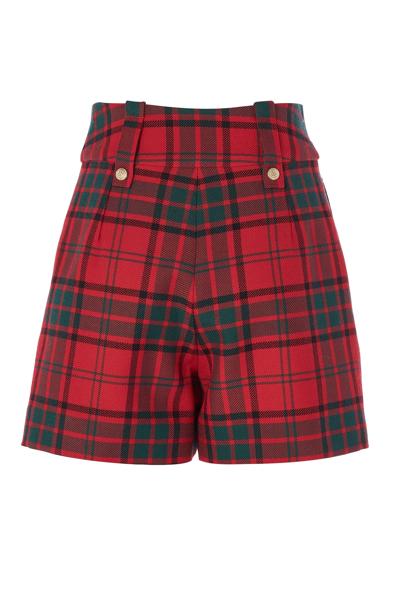 back of womens red and black tartan high rise tailored shorts with two single knife pleats and centre front zip fly fastening with twin branded gold stud buttons and side hip pockets with branded rivet detailing at top and bottom of pockets
