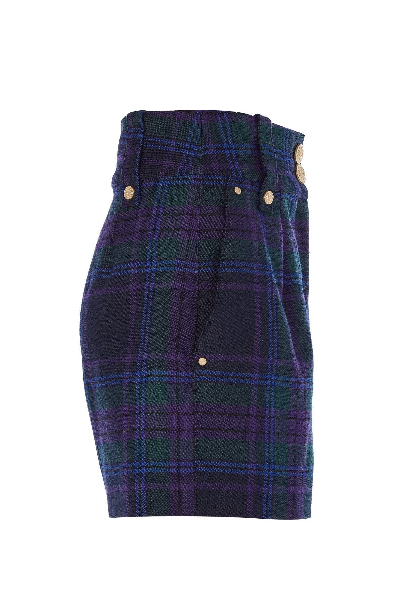 side of womens blue green and purple tartan high rise tailored shorts with two single knife pleats and centre front zip fly fastening with twin branded gold stud buttons and side hip pockets with branded rivet detailing at top and bottom of pockets