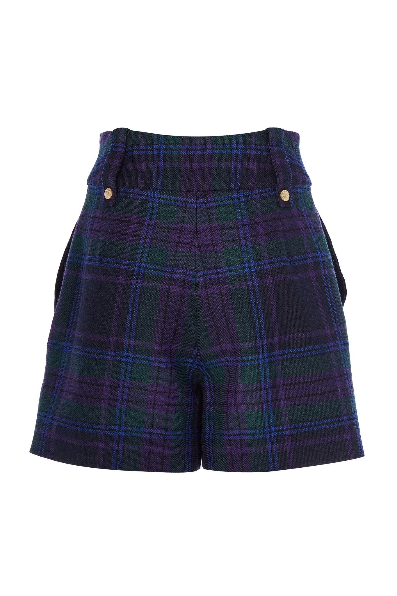 back of womens blue green and purple tartan high rise tailored shorts with two single knife pleats and centre front zip fly fastening with twin branded gold stud buttons and side hip pockets with branded rivet detailing at top and bottom of pockets