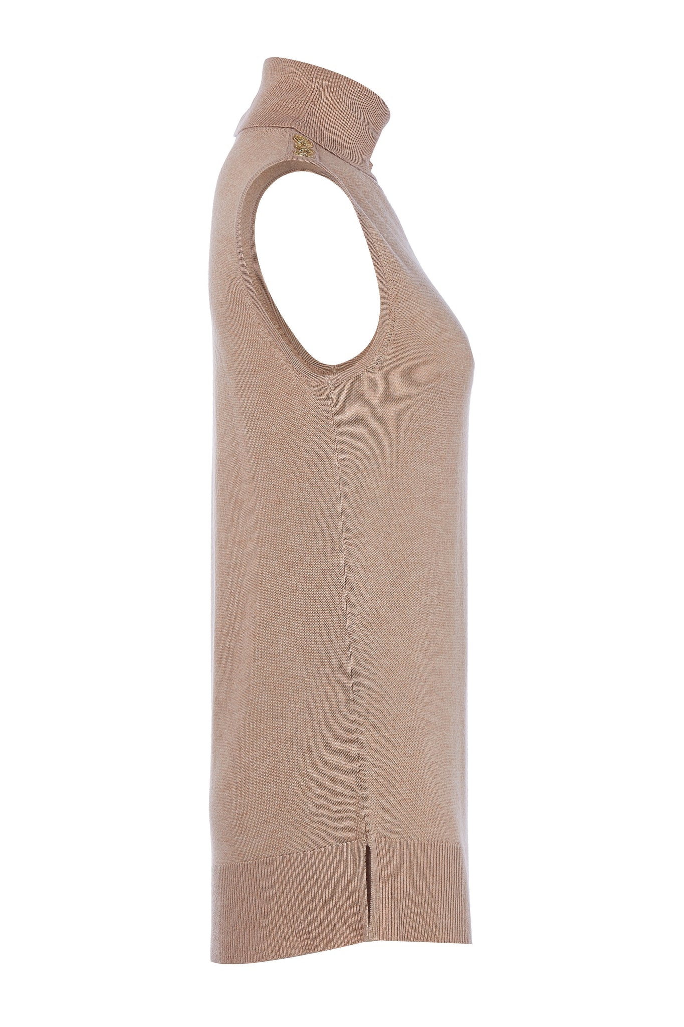 side of fitted lightweight sleeveless rollneck knit in camel with gold button detail across shoulders highlighting split hem