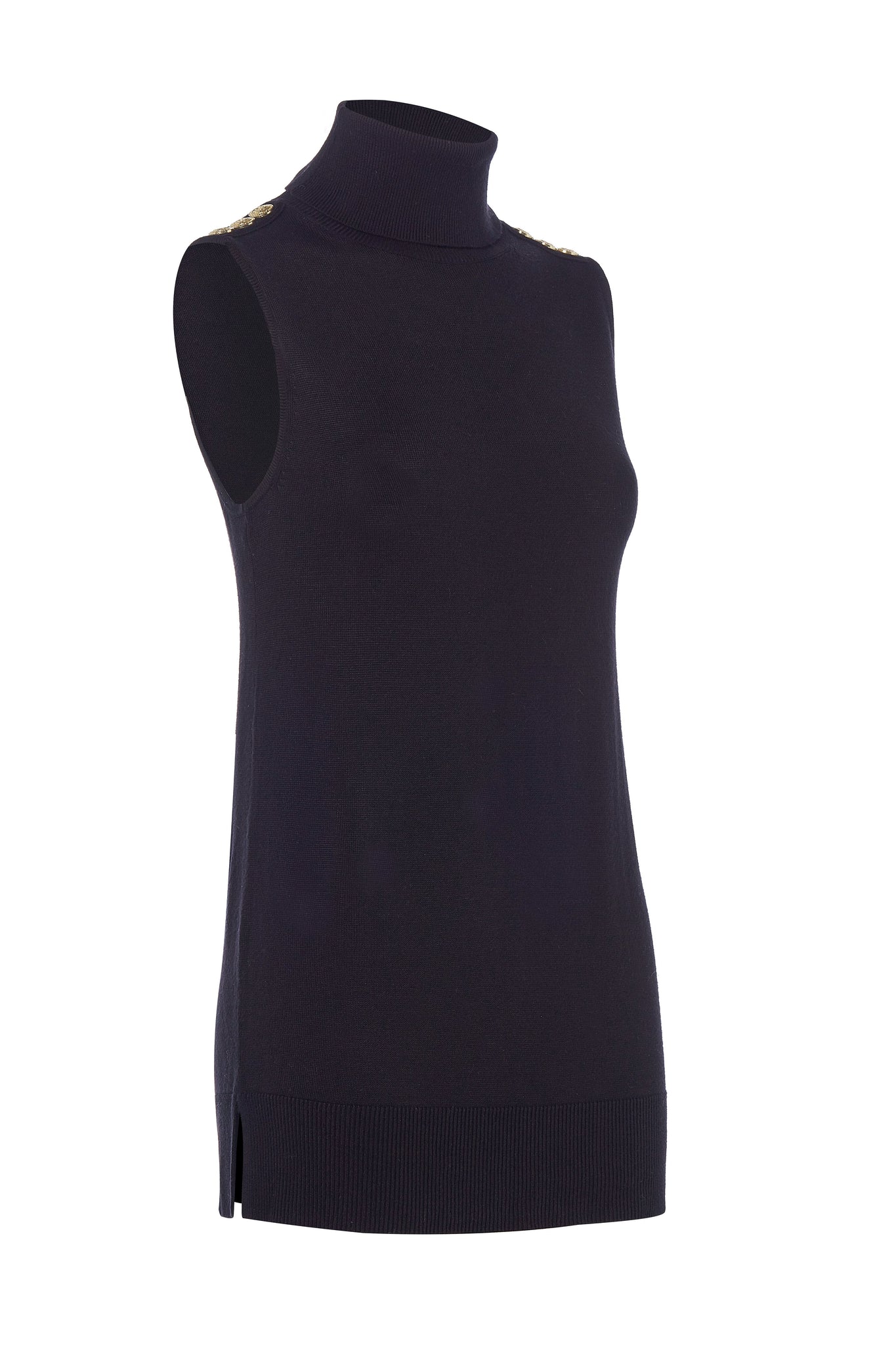 fitted lightweight sleeveless rollneck knit in black with gold button detail across shoulders