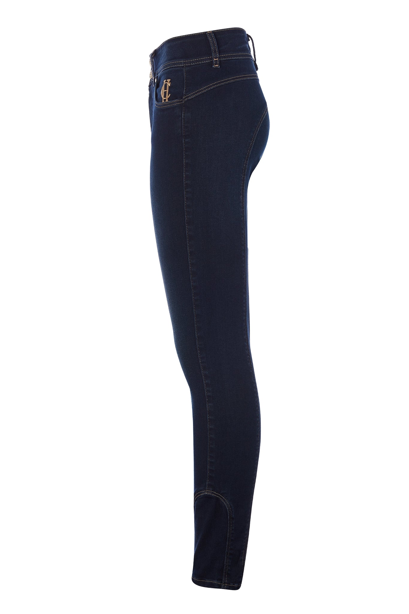 side of womens high rise dark blue denim skinny stretch jean with jodhpur style seam and two open pockets to the front with hc embroidery on front left pocket