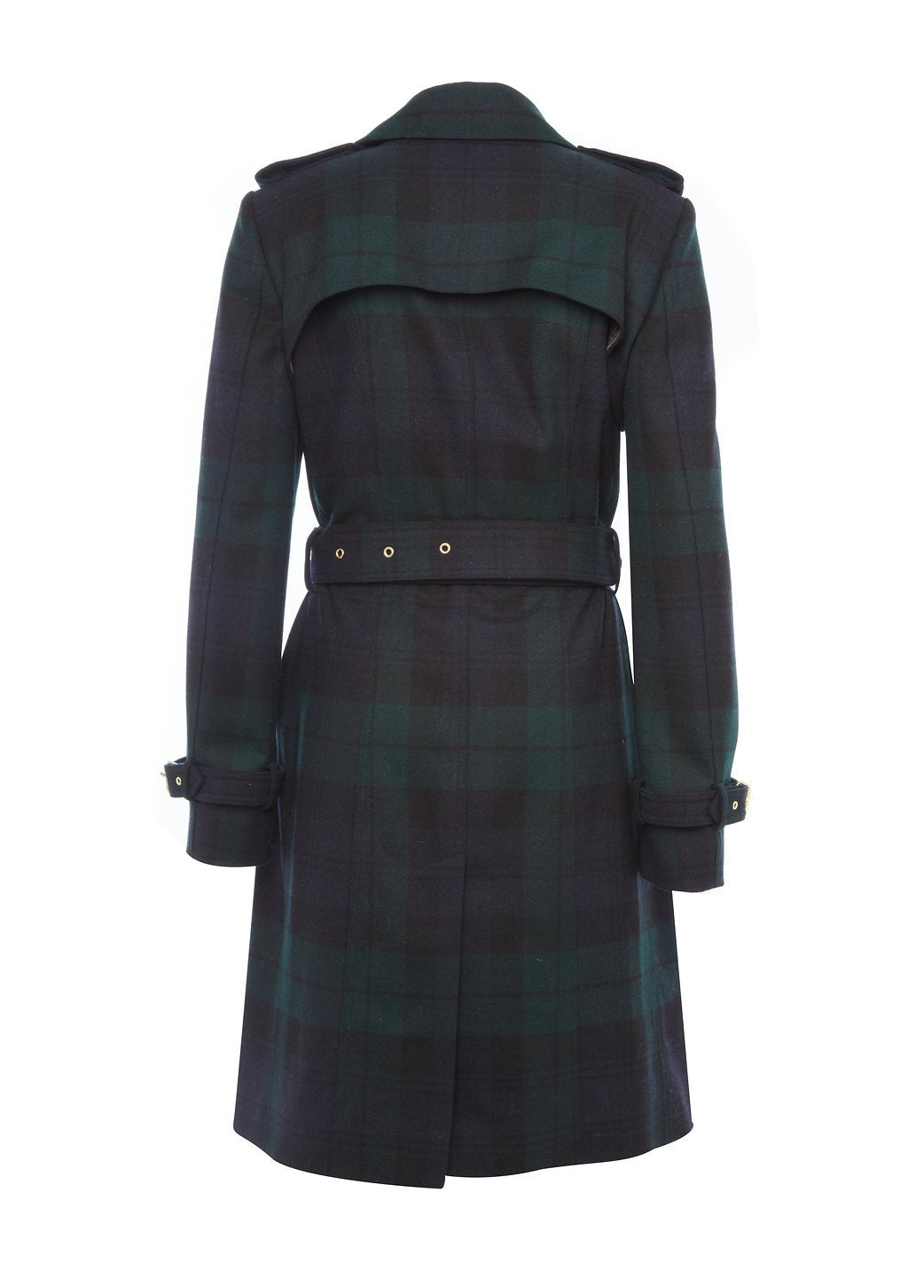 back shot of womens blackwatch tartan detailed with gold hardware knee length wool trench coat