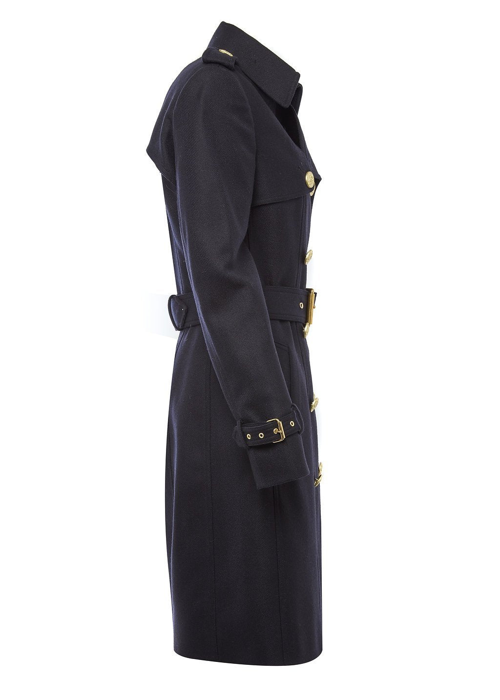 Side of womens navy detailed with gold hardware knee length wool trench coat