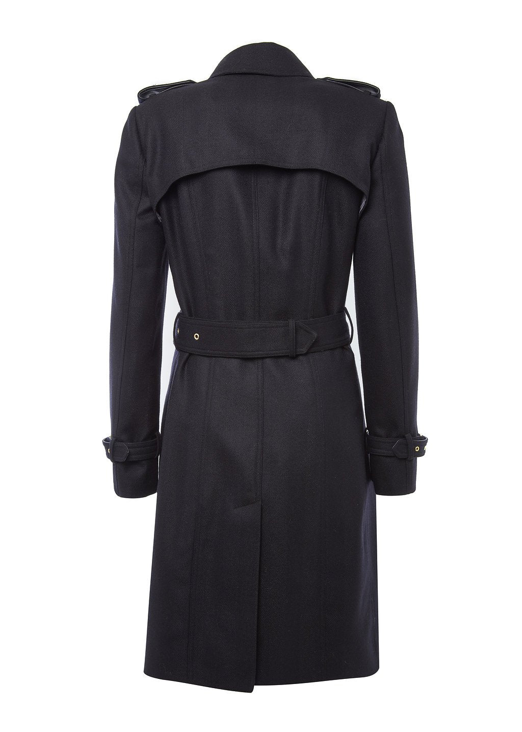 Back of womens navy detailed with gold hardware knee length wool trench coat