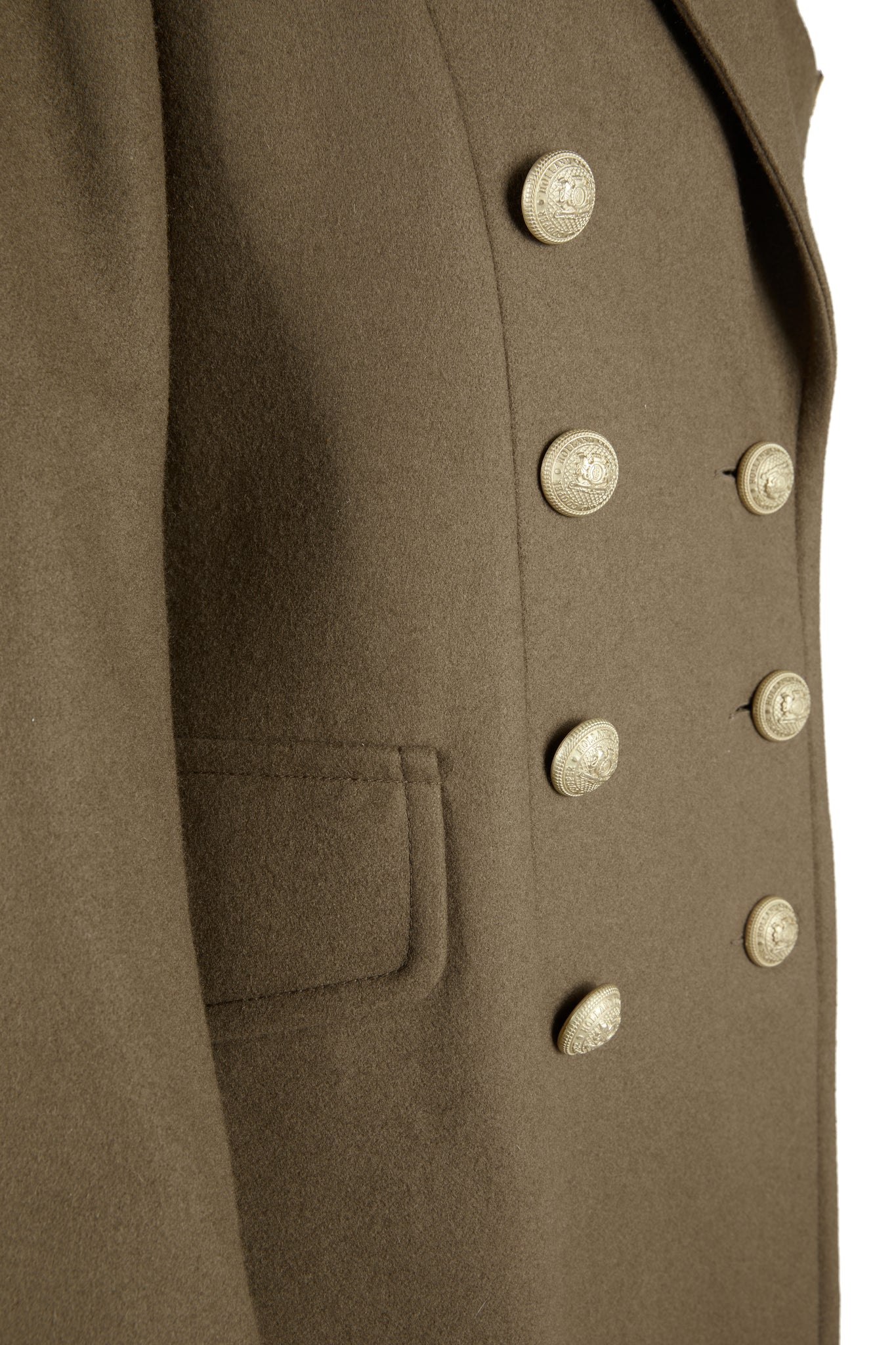 button detail of Womens khaki knee length wool military double breasted coat