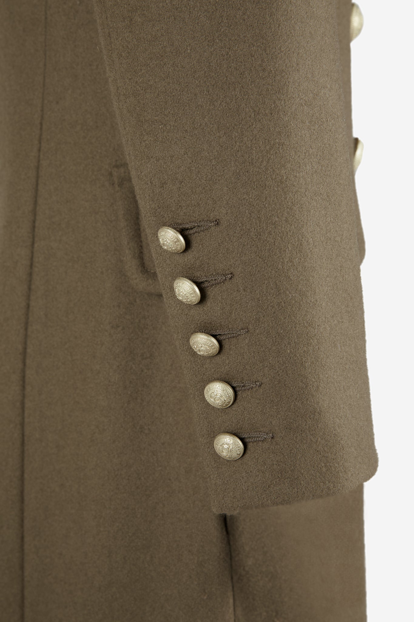 sleeve detail of Womens khaki knee length wool military double breasted coat