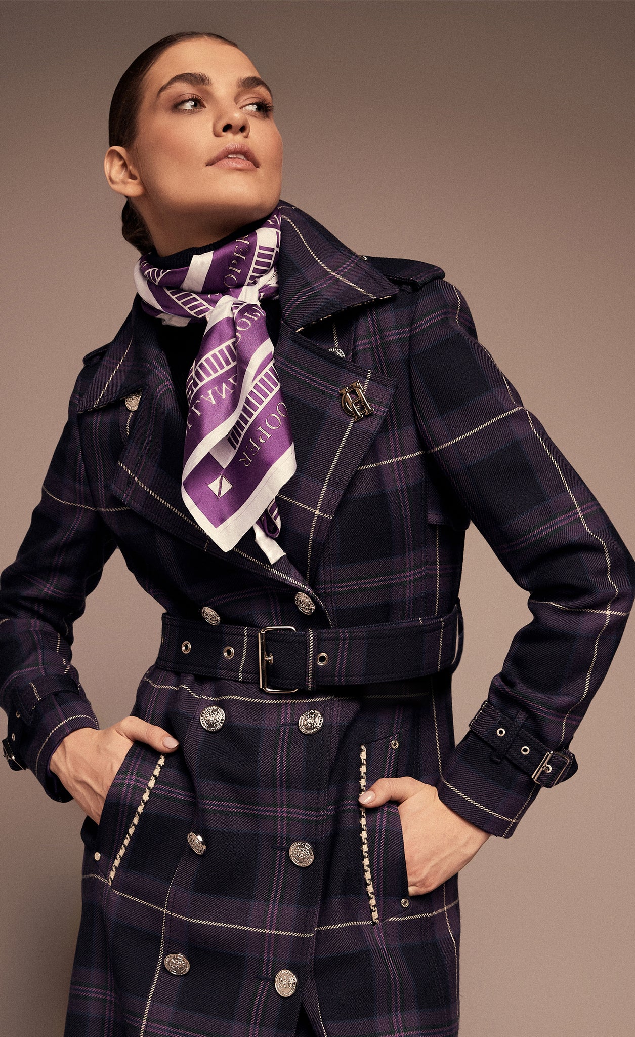 womens purple tartan double breasted full length wool trench coat with UK made purple and white silk scarf 