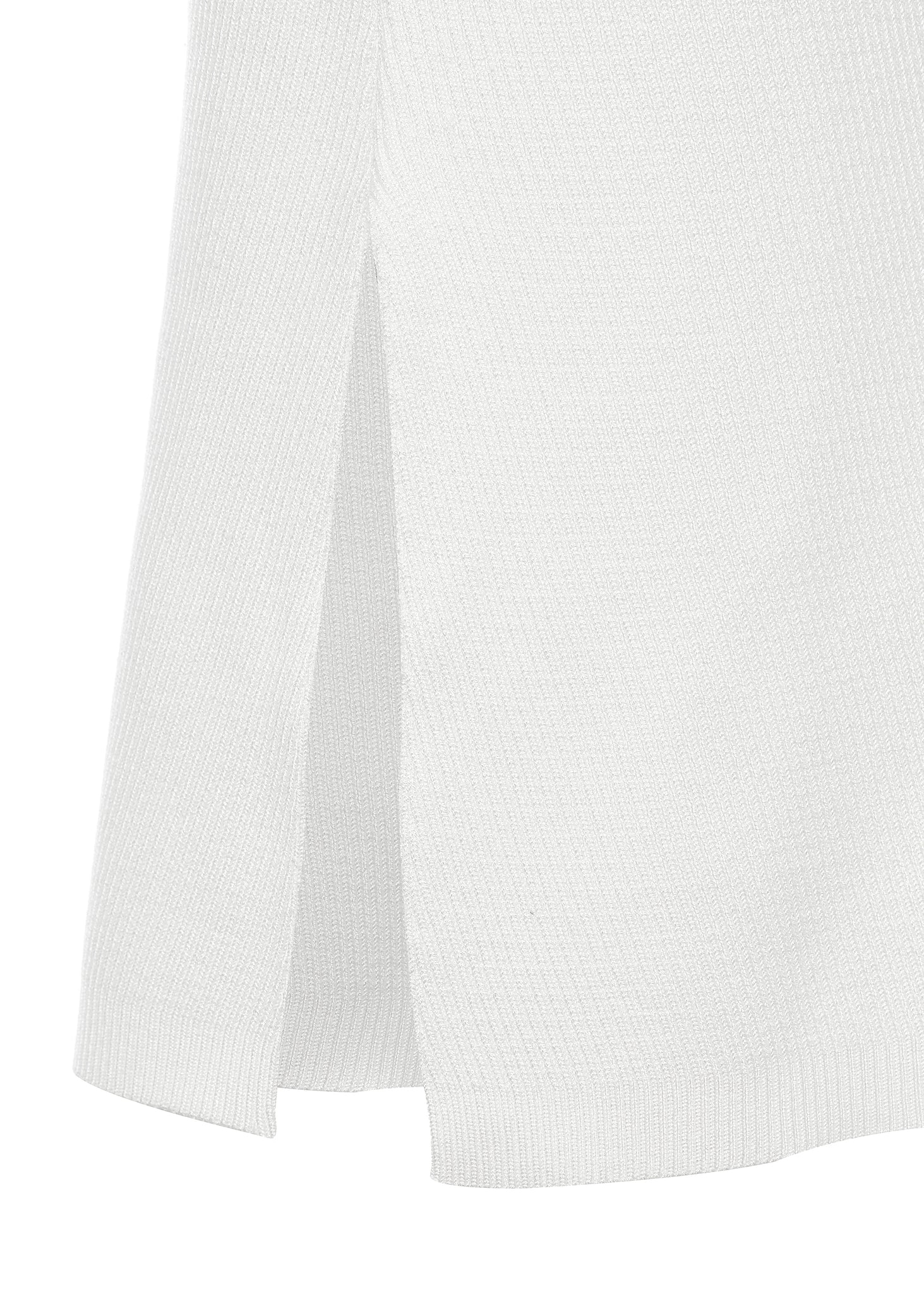 detail shot of slit on womens ribbed white v neck midi length dress with gold buttons 