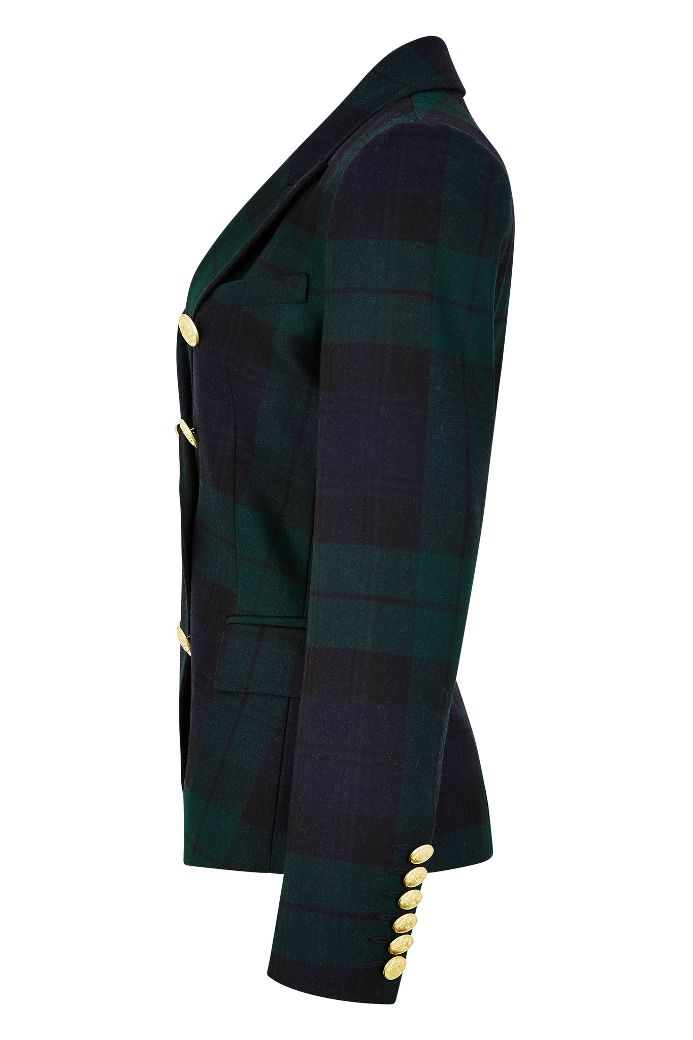 side of British made double breasted blazer that fastens with a single button hole to create a more form fitting silhouette with two pockets and gold button detailing this blazer is made from navy and green blackwatch tartan