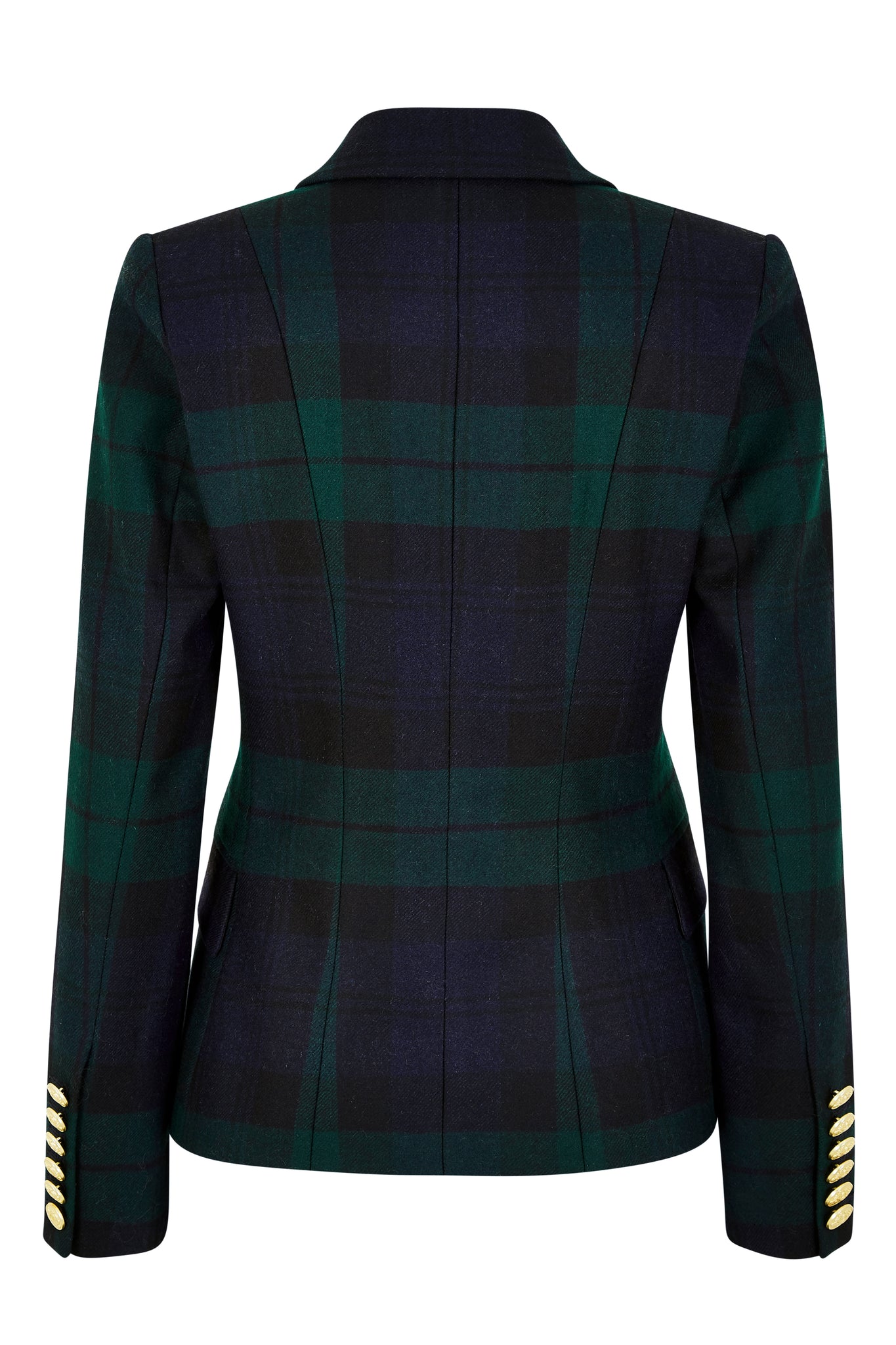 back of British made double breasted blazer that fastens with a single button hole to create a more form fitting silhouette with two pockets and gold button detailing this blazer is made from navy and green blackwatch tartan