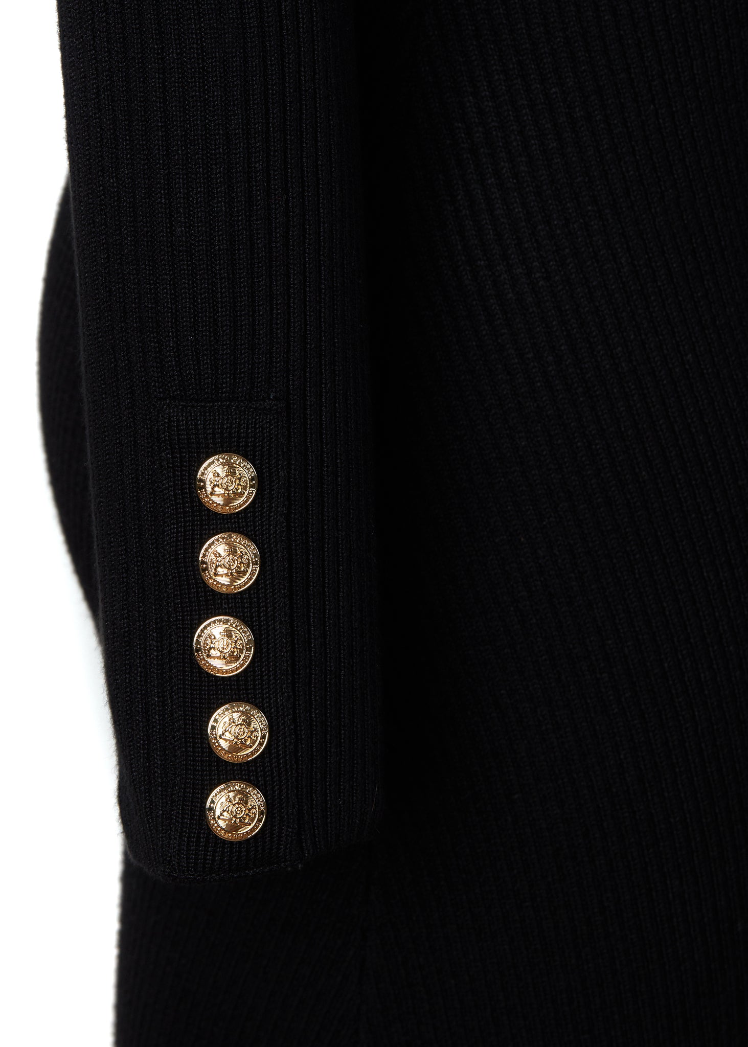 gold button detail on cuffs of womens black long sleeve knitted v neck midi dress with gold buttons on cuffs and shoulders