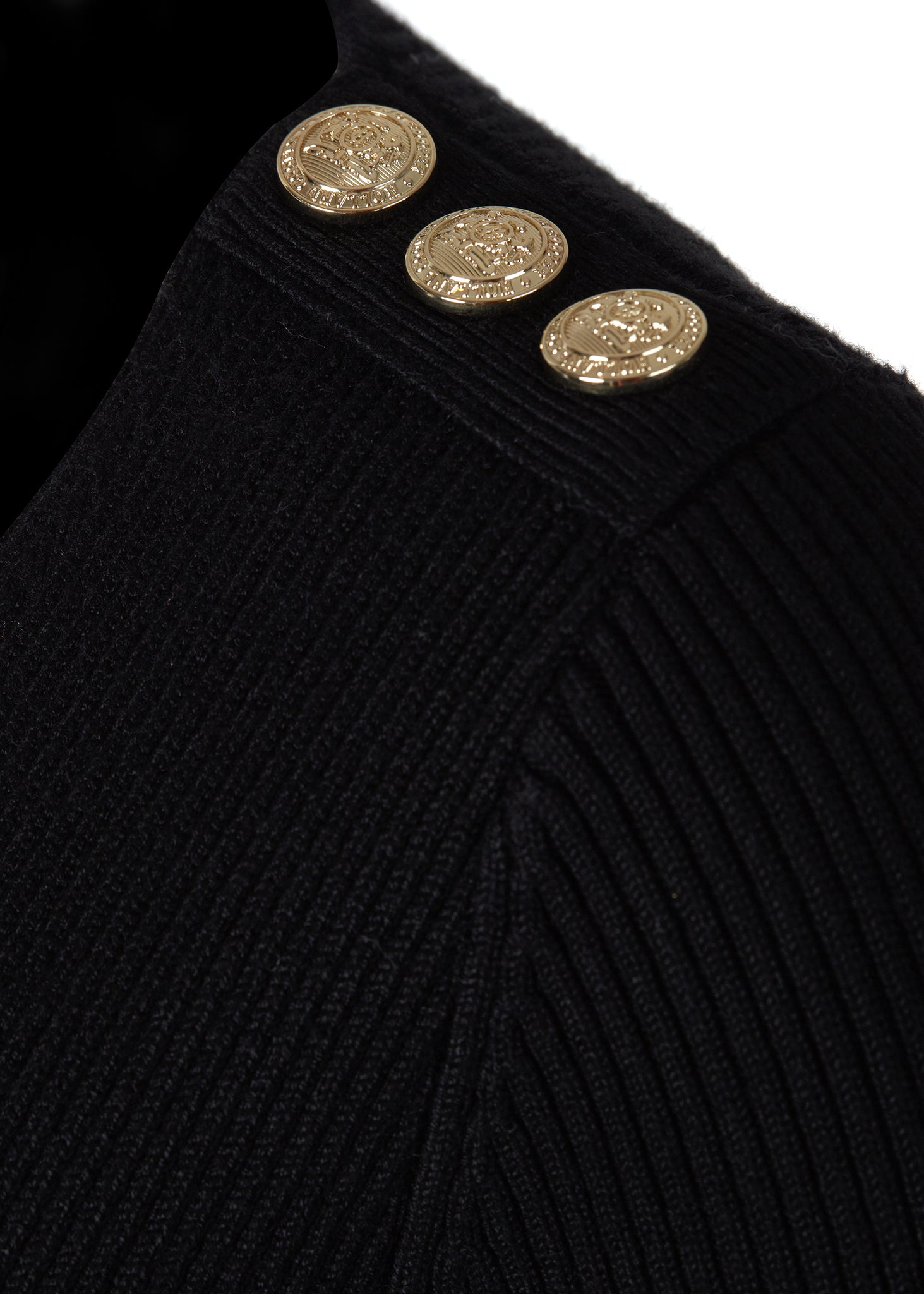 gold button detail across shoulder of womens black long sleeve knitted v neck midi dress with gold buttons on cuffs and shoulders