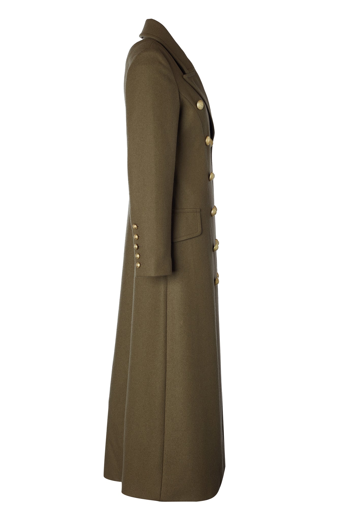 side of Womens khaki knee length wool military double breasted coat