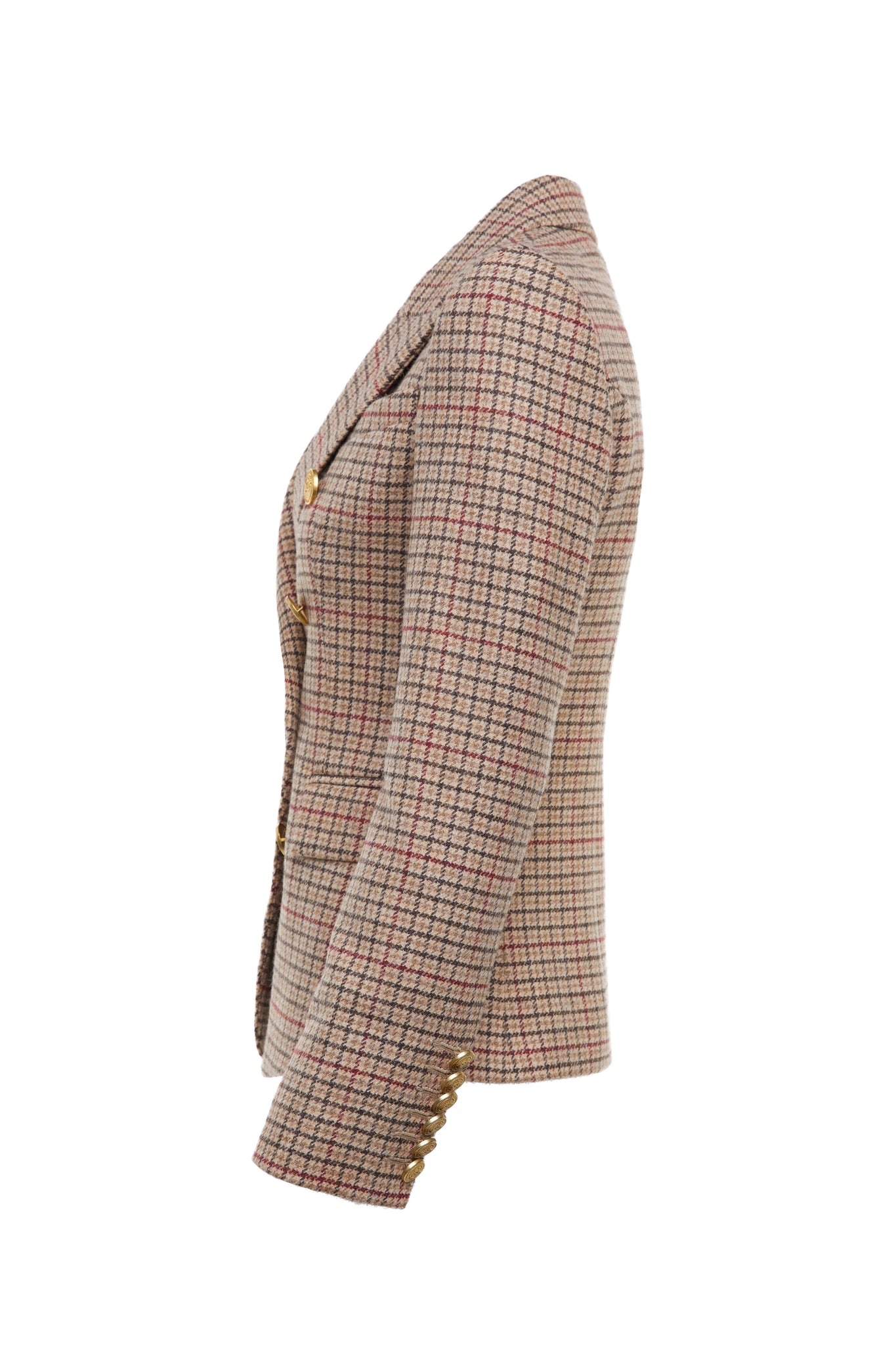 side of British made double breasted blazer that fastens with a single button hole to create a more form fitting silhouette with two pockets and gold button detailing this blazer is made from camel black and red check charlton tweed