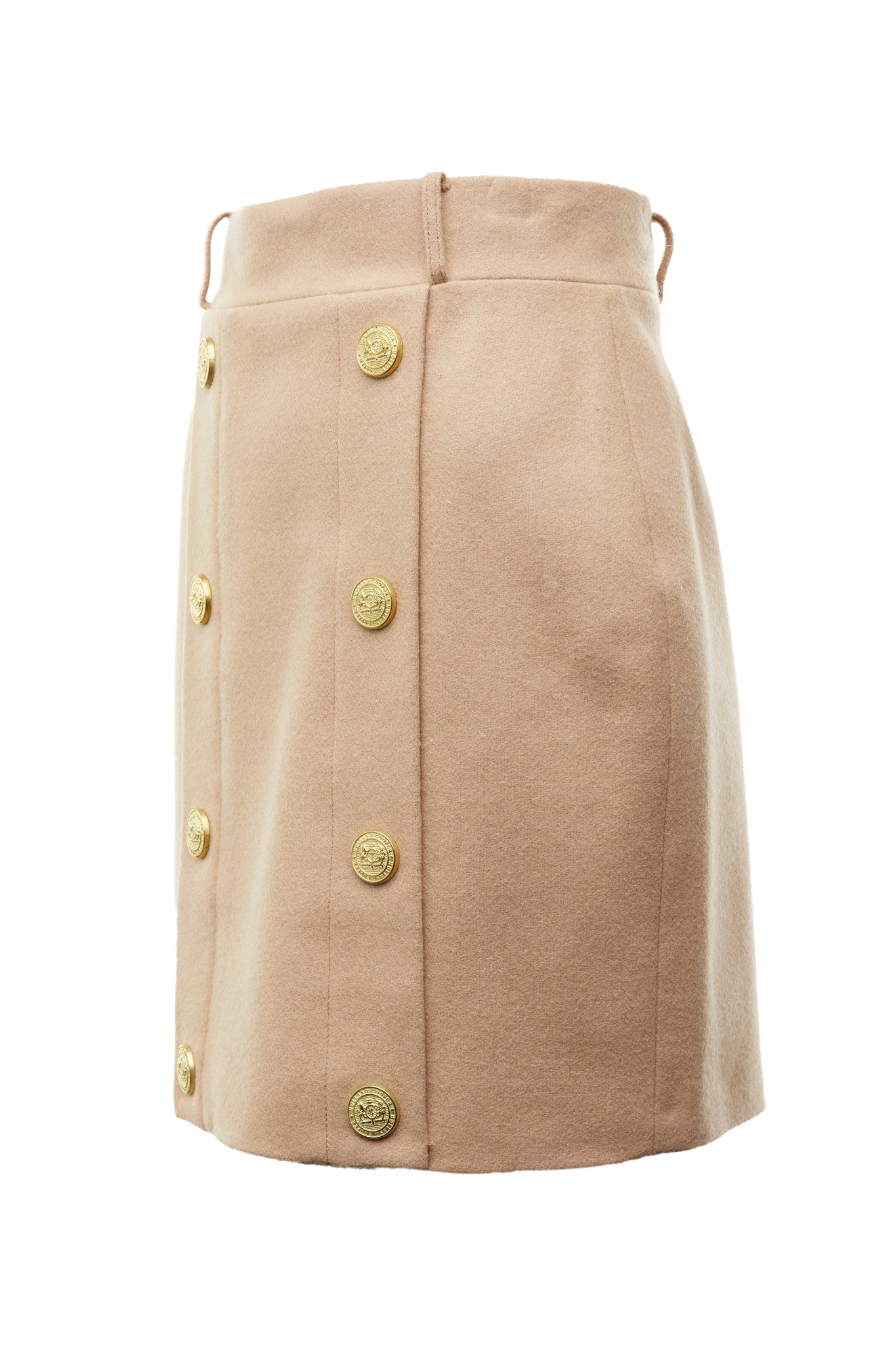 womens camel wool pencil mini skirt with concealed zip fastening on centre back and gold rivets down front