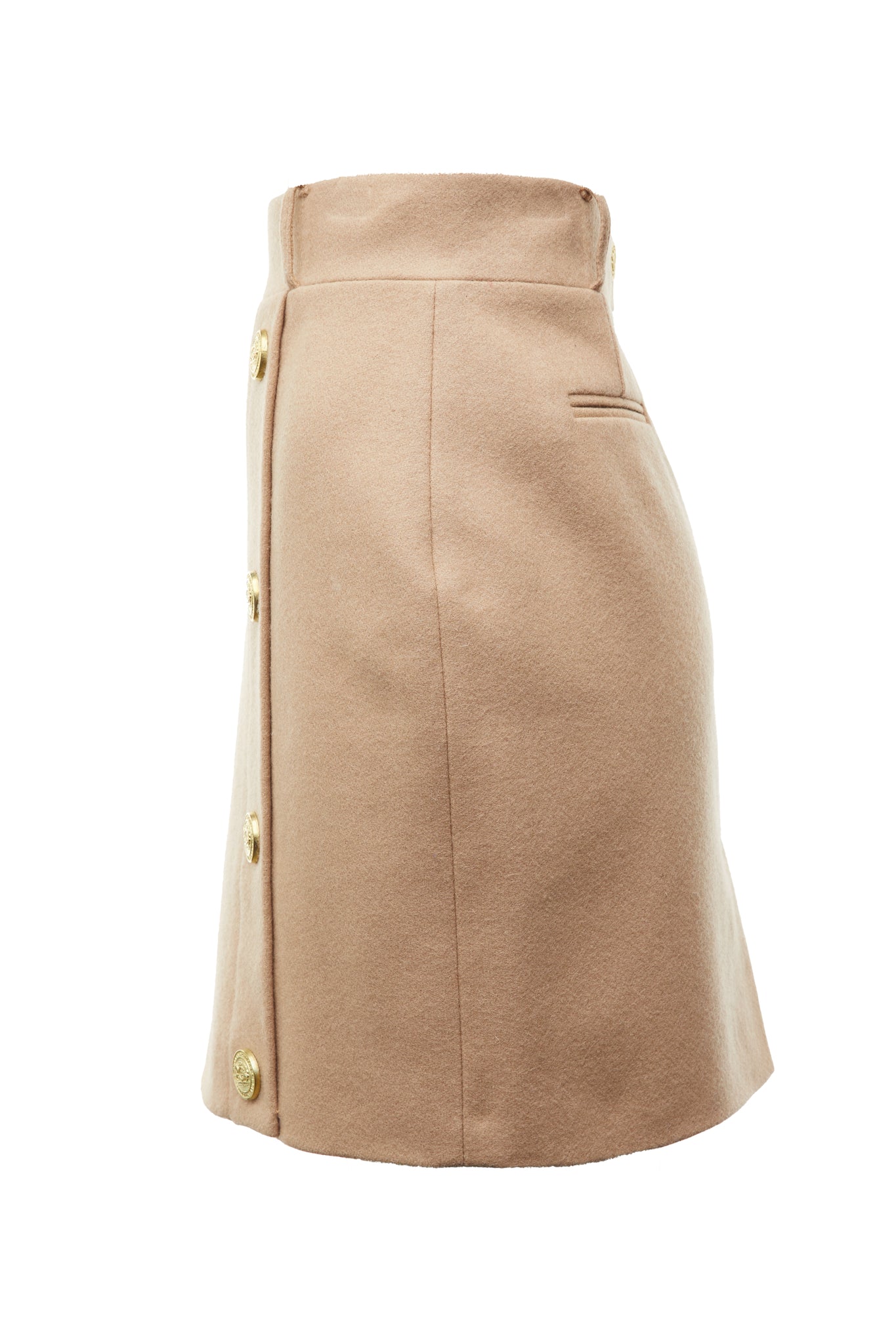 side of womens camel wool pencil mini skirt with concealed zip fastening on centre back and gold rivets down front