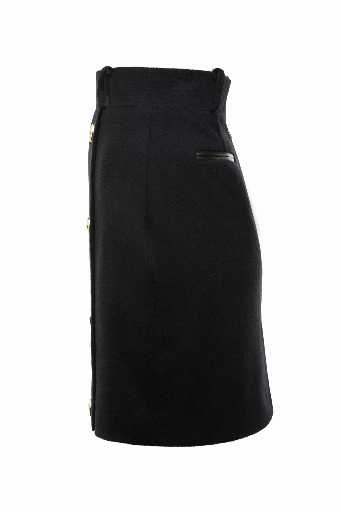 side of womens black wool pencil mini skirt with concealed zip fastening on centre back and gold rivets down front