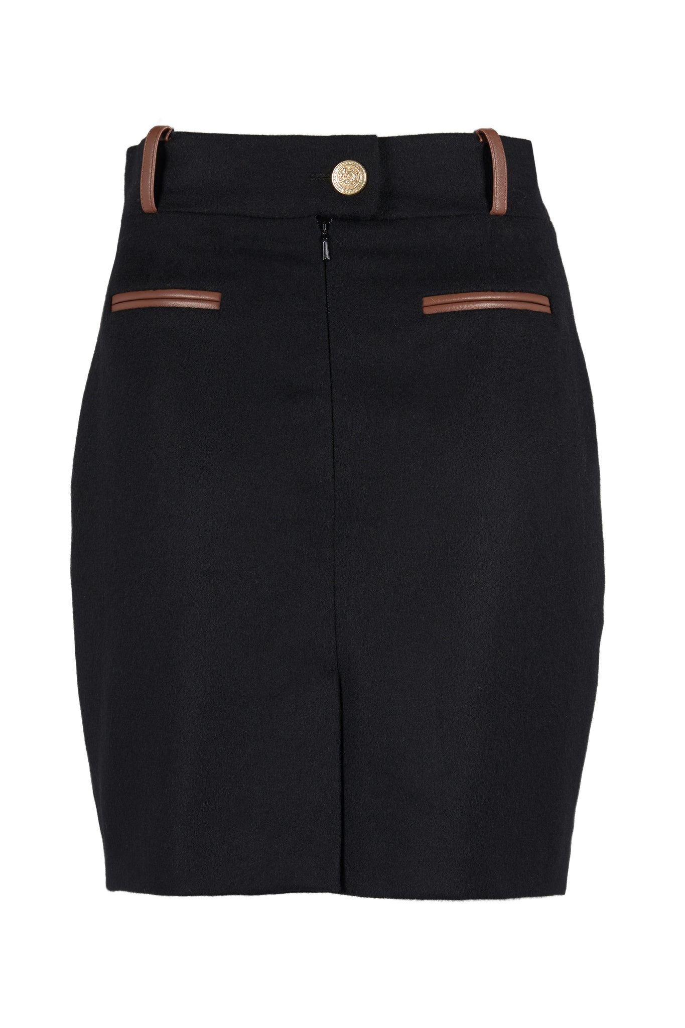 back of womens black and tan wool pencil mini skirt with concealed zip fastening on centre back and gold rivets down front