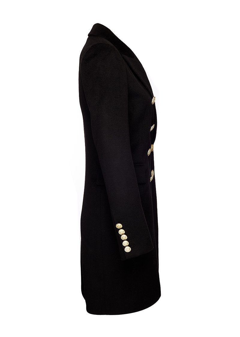 side of black wool womens coat with gold hardware