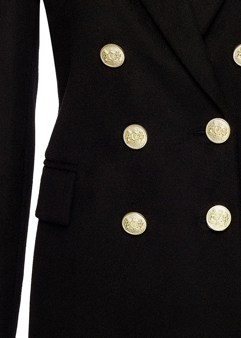 button detail of black wool womens coat with gold hardware