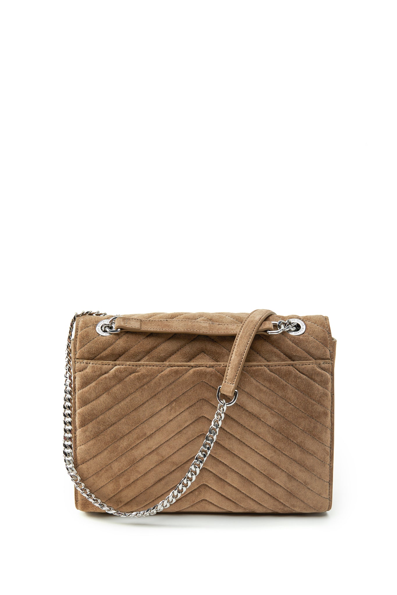 back of taupe suede shoulder bag with silver hardware and chain