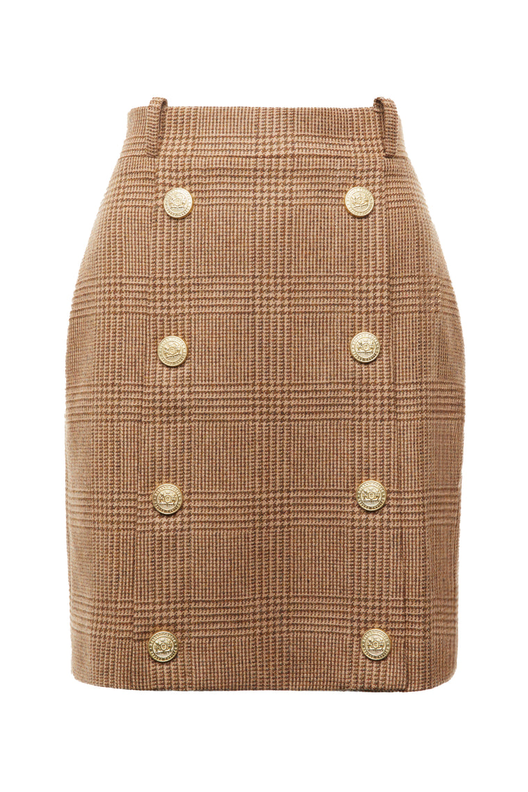 womens light brown check wool pencil mini skirt with concealed zip fastening on centre back and gold rivets down front