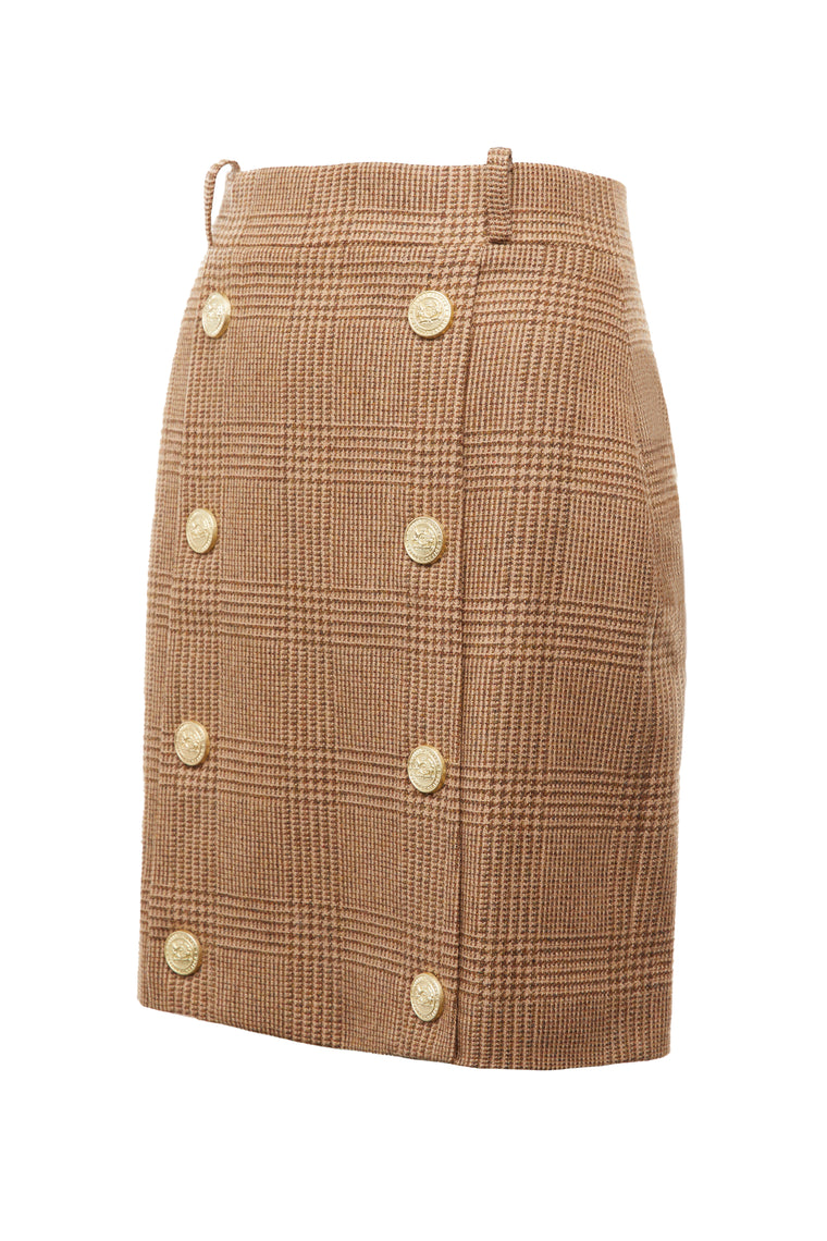 womens light brown check wool pencil mini skirt with concealed zip fastening on centre back and gold rivets down front