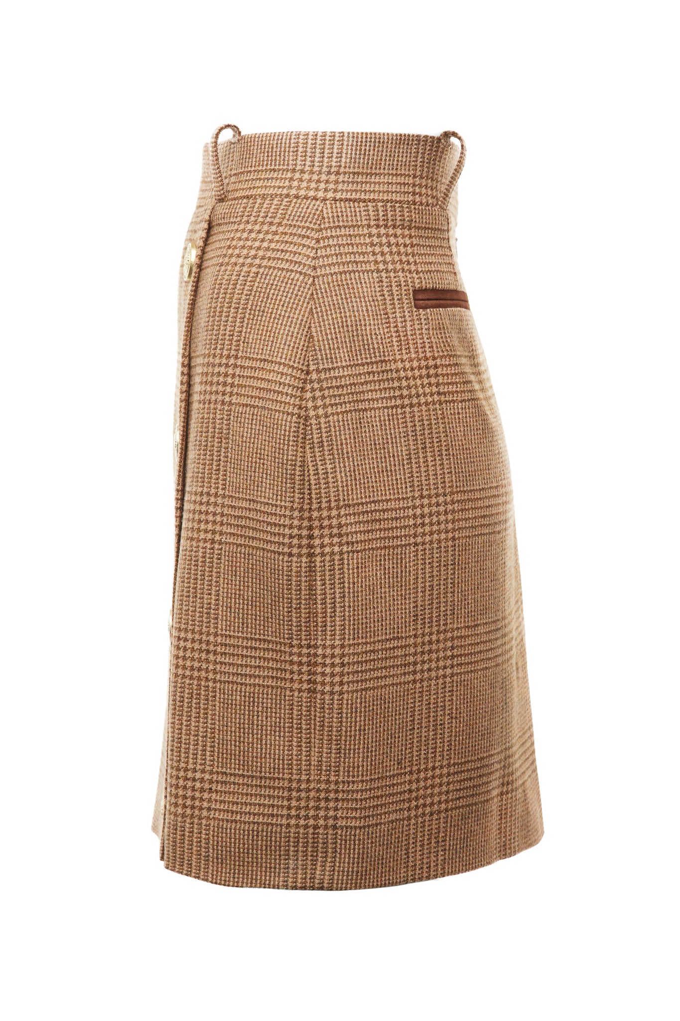 side of womens light brown check wool pencil mini skirt with concealed zip fastening on centre back and gold rivets down front