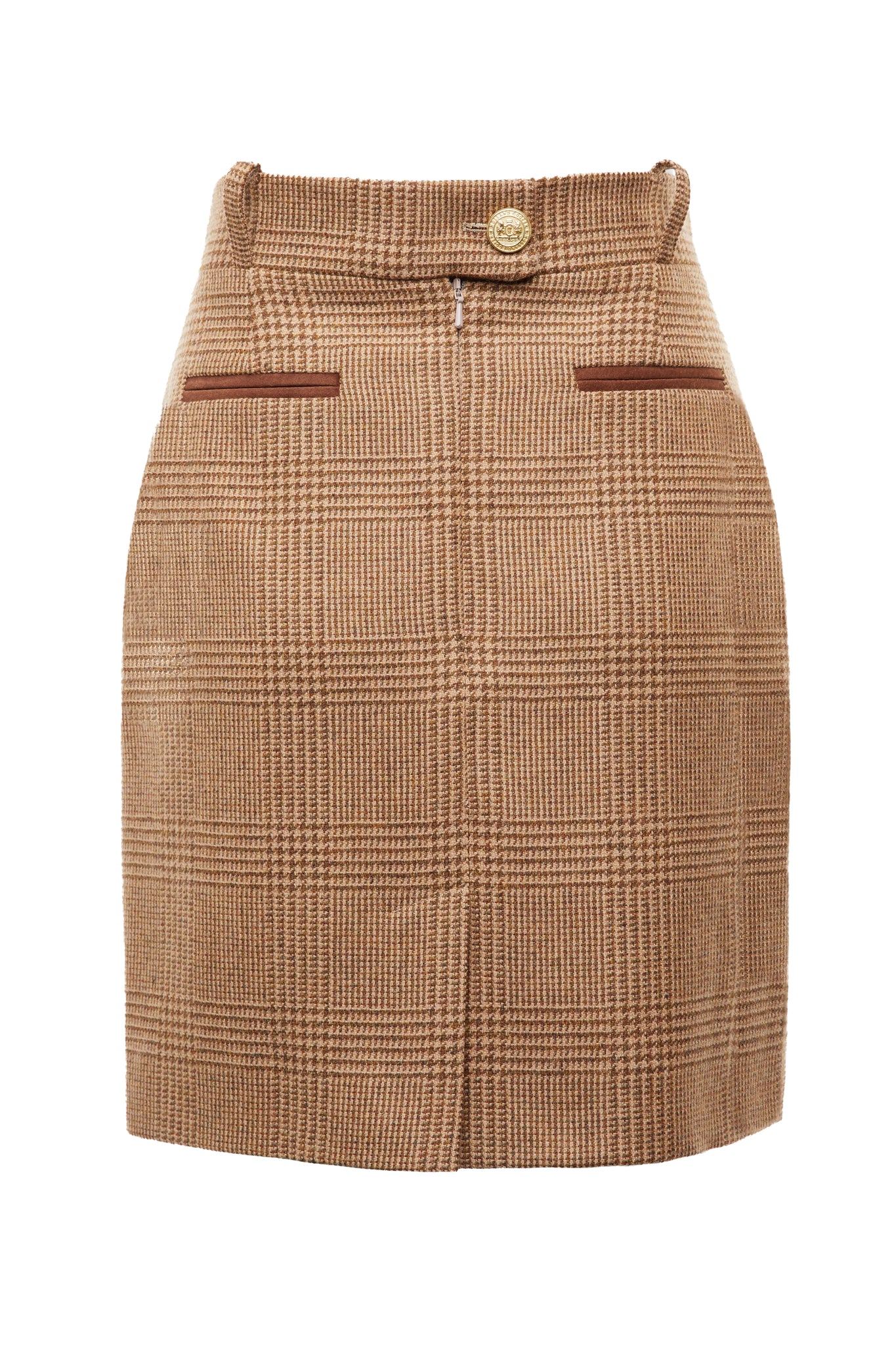 back of womens light brown check wool pencil mini skirt with concealed zip fastening on centre back and gold rivets down front