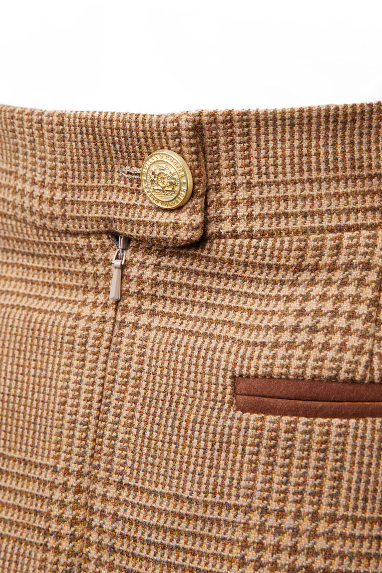 gold button detail on back waistband of womens light brown check wool pencil mini skirt with concealed zip fastening on centre back and gold rivets down front