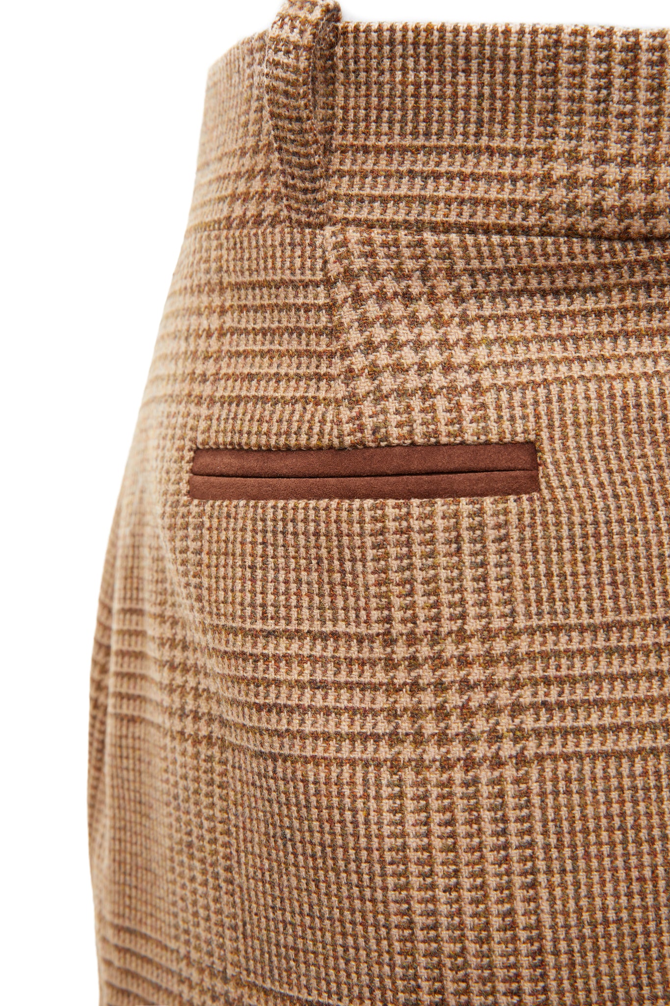 back faux pocket detail of womens light brown check wool pencil mini skirt with concealed zip fastening on centre back and gold rivets down front