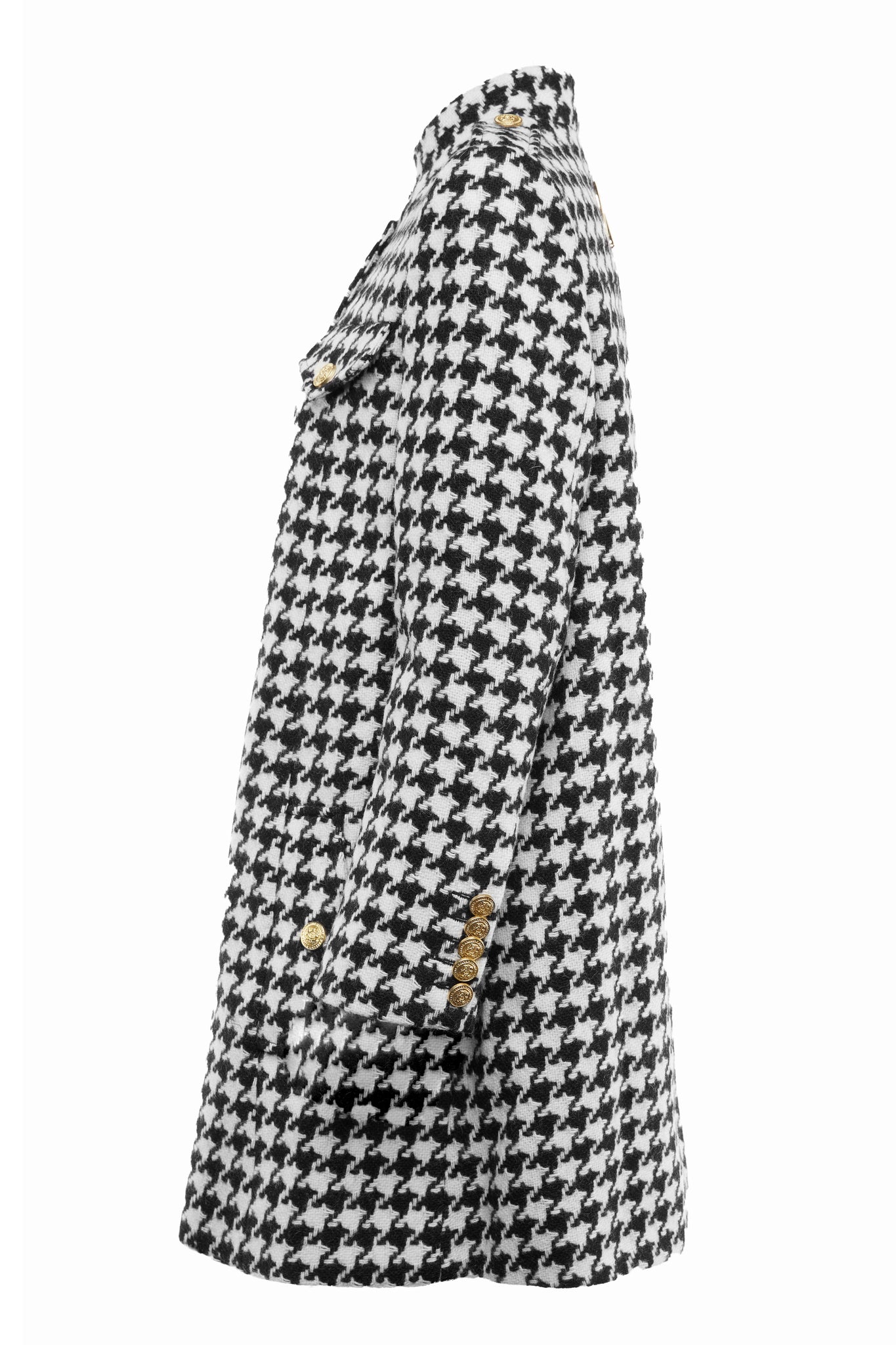 Side of Womens black and white houndstooth front buttoned tweed cape coat