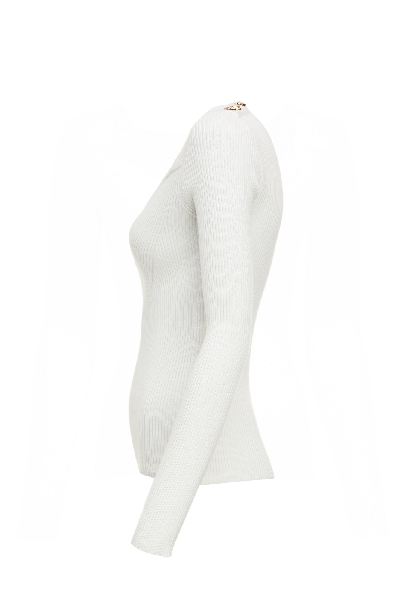side of a form fitting finely ribbed long sleeved knitted top in cream with a sweetheart neckline and gold buttons on shoulders