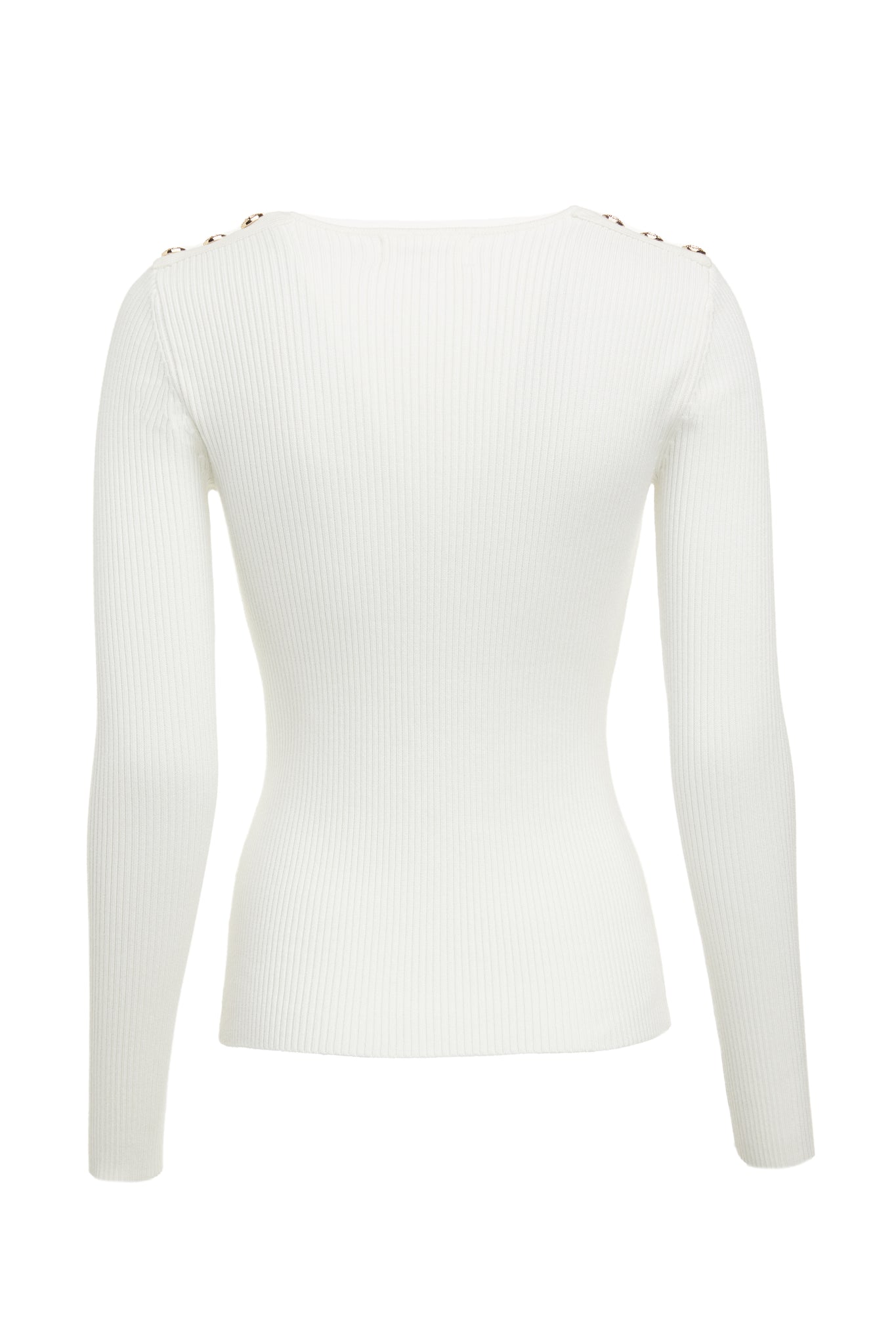 back of a form fitting finely ribbed long sleeved knitted top in cream with a sweetheart neckline and gold buttons on shoulders