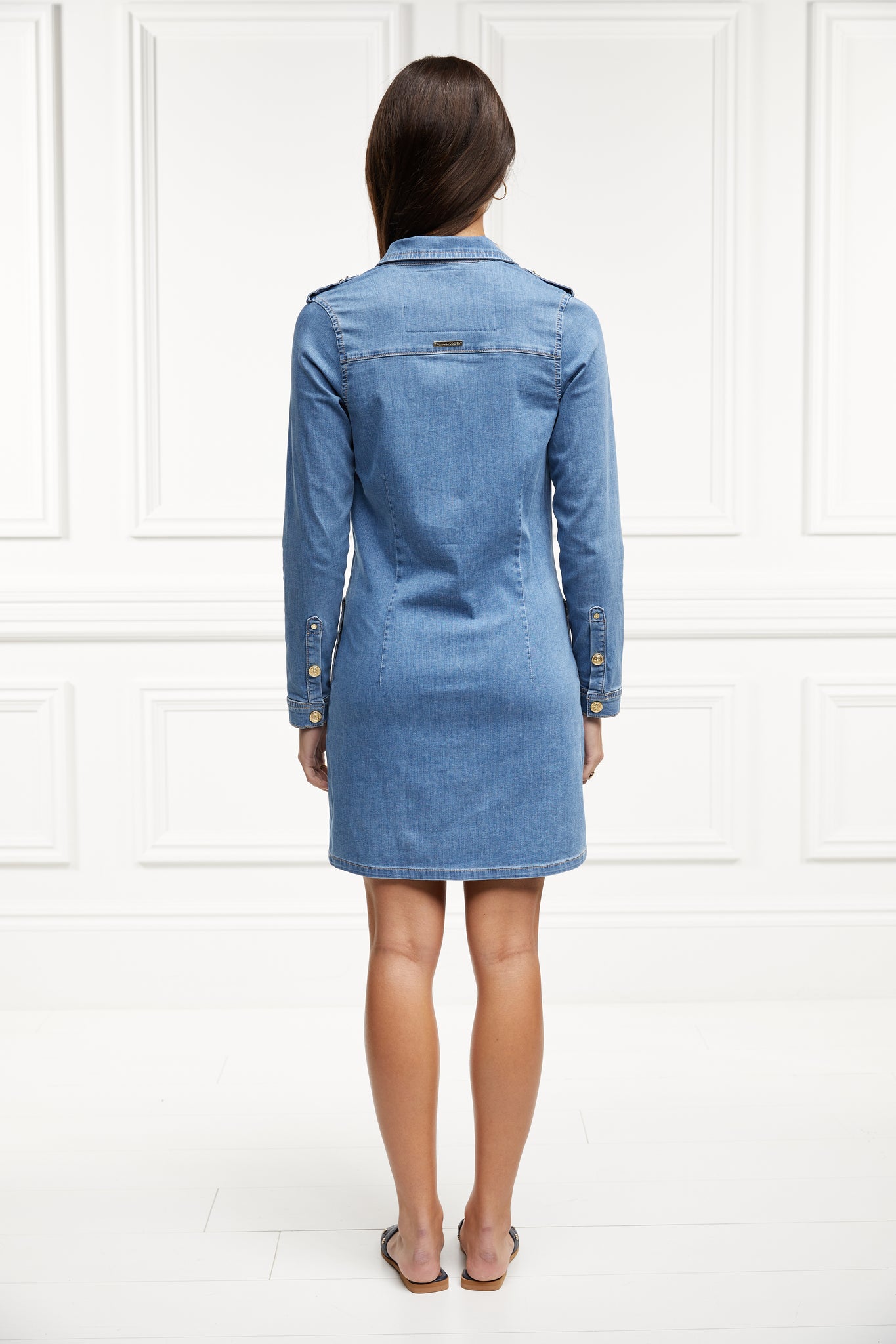 back shot of womens long sleeve blue denim shirt mini dress with gold buttons down the front