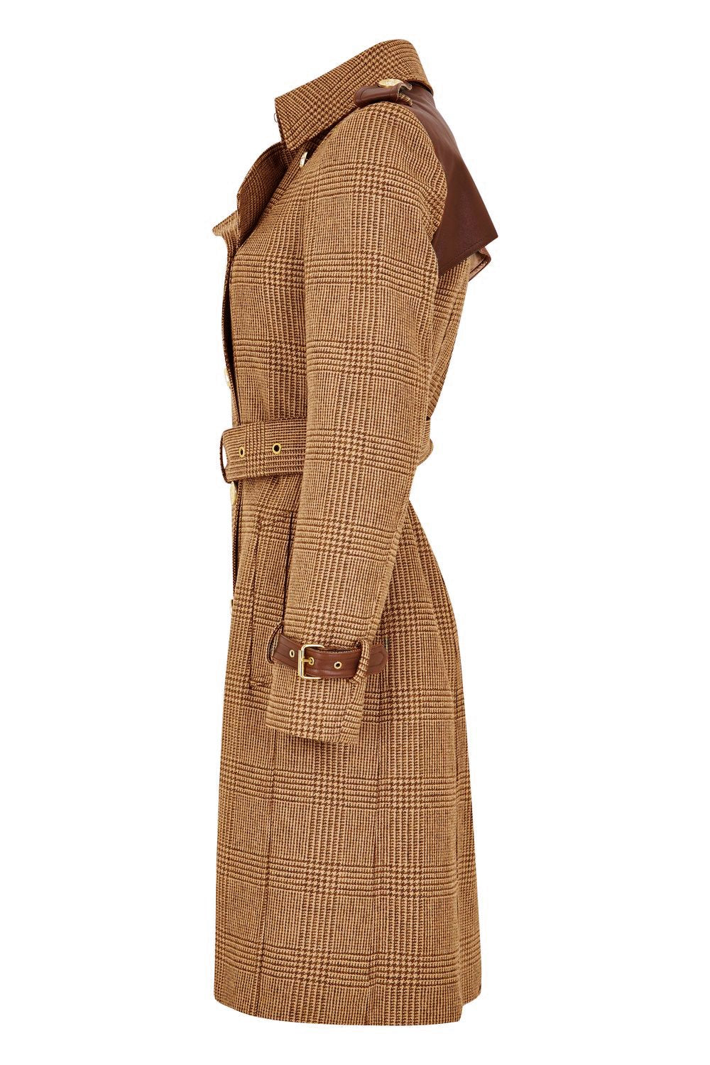 side of womens tawny light tan detailed with gold hardware knee length wool trench coat