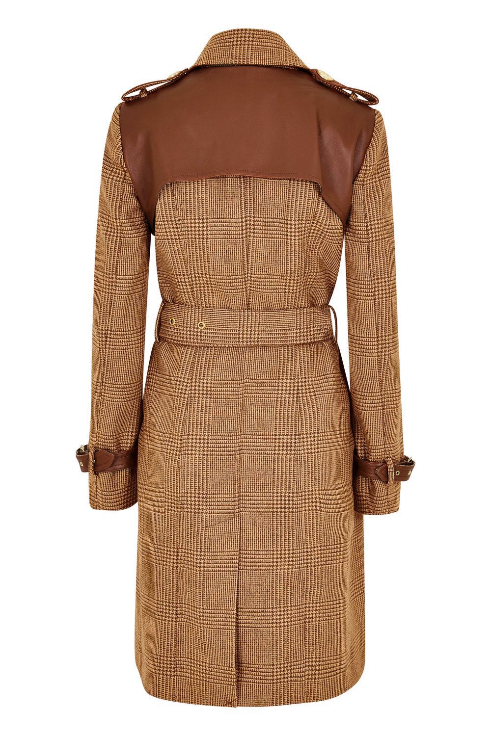 Back of womens tawny light tan detailed with gold hardware knee length wool trench coat