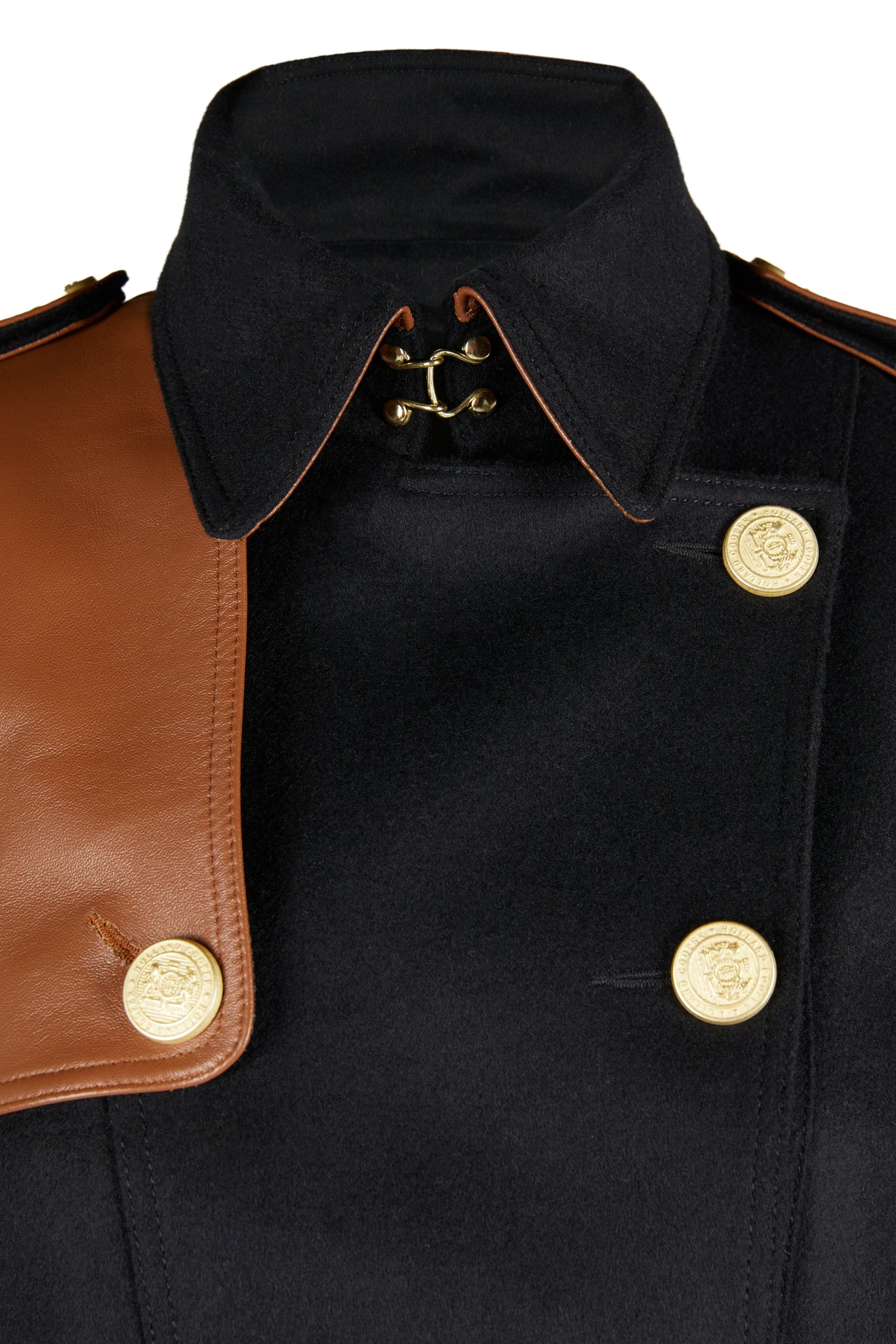 Collar detail womens black and tan brown leather detailed with gold hardware knee length wool trench coat