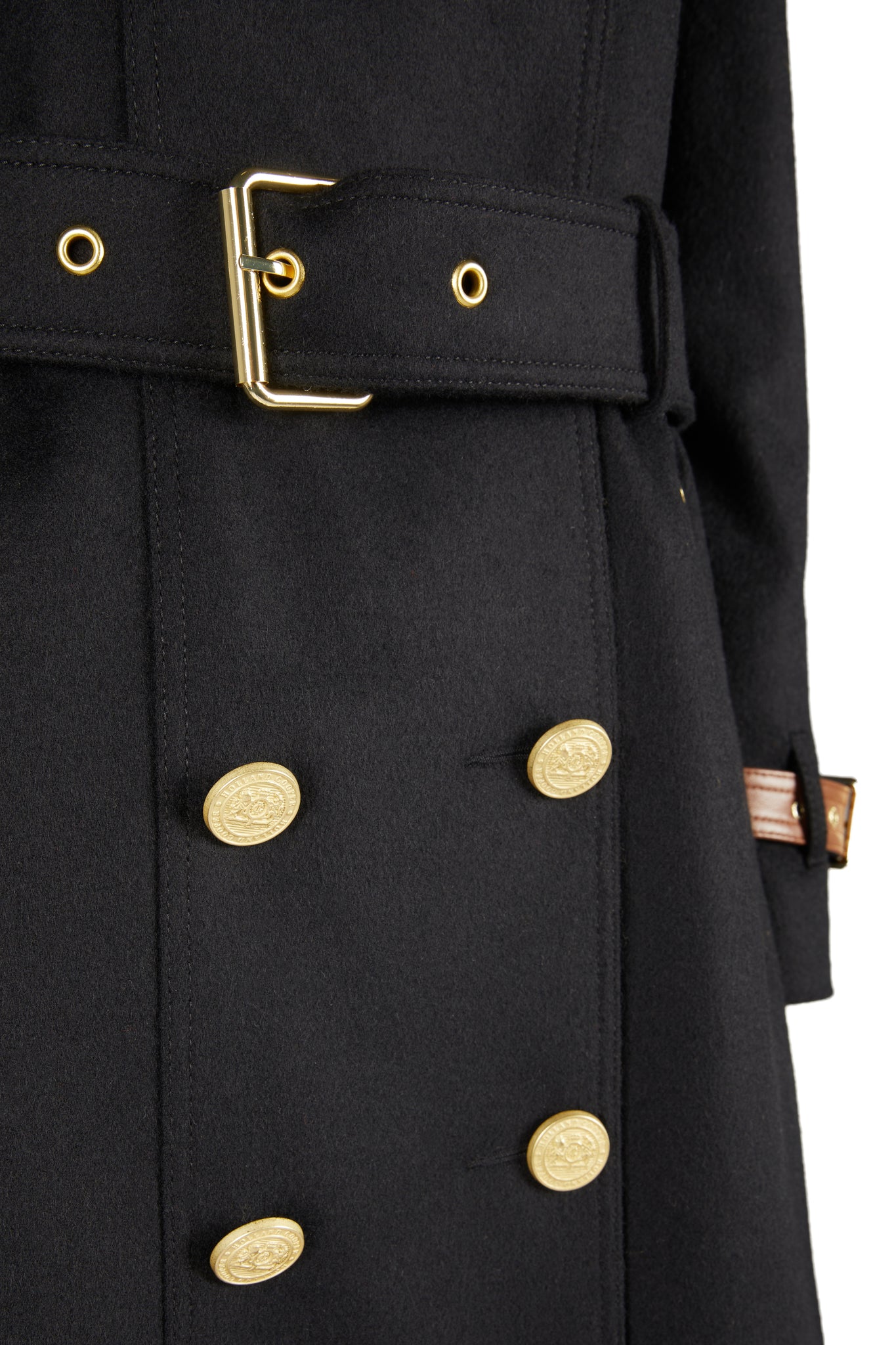 Button detail of Womens black and tan brown leather detailed with gold hardware knee length wool trench coat