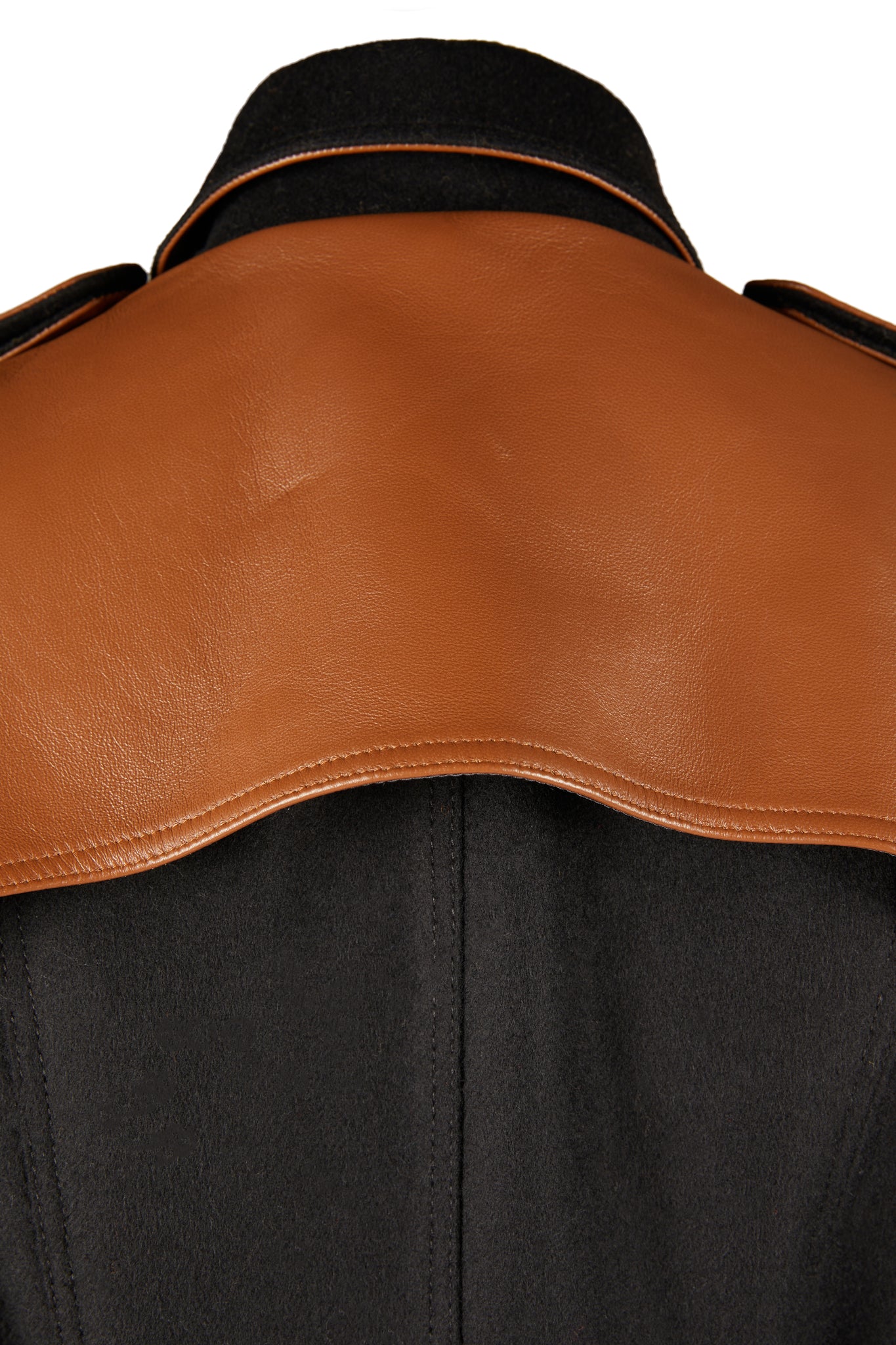Back detail Womens black and tan brown leather detailed with gold hardware knee length wool trench coat
