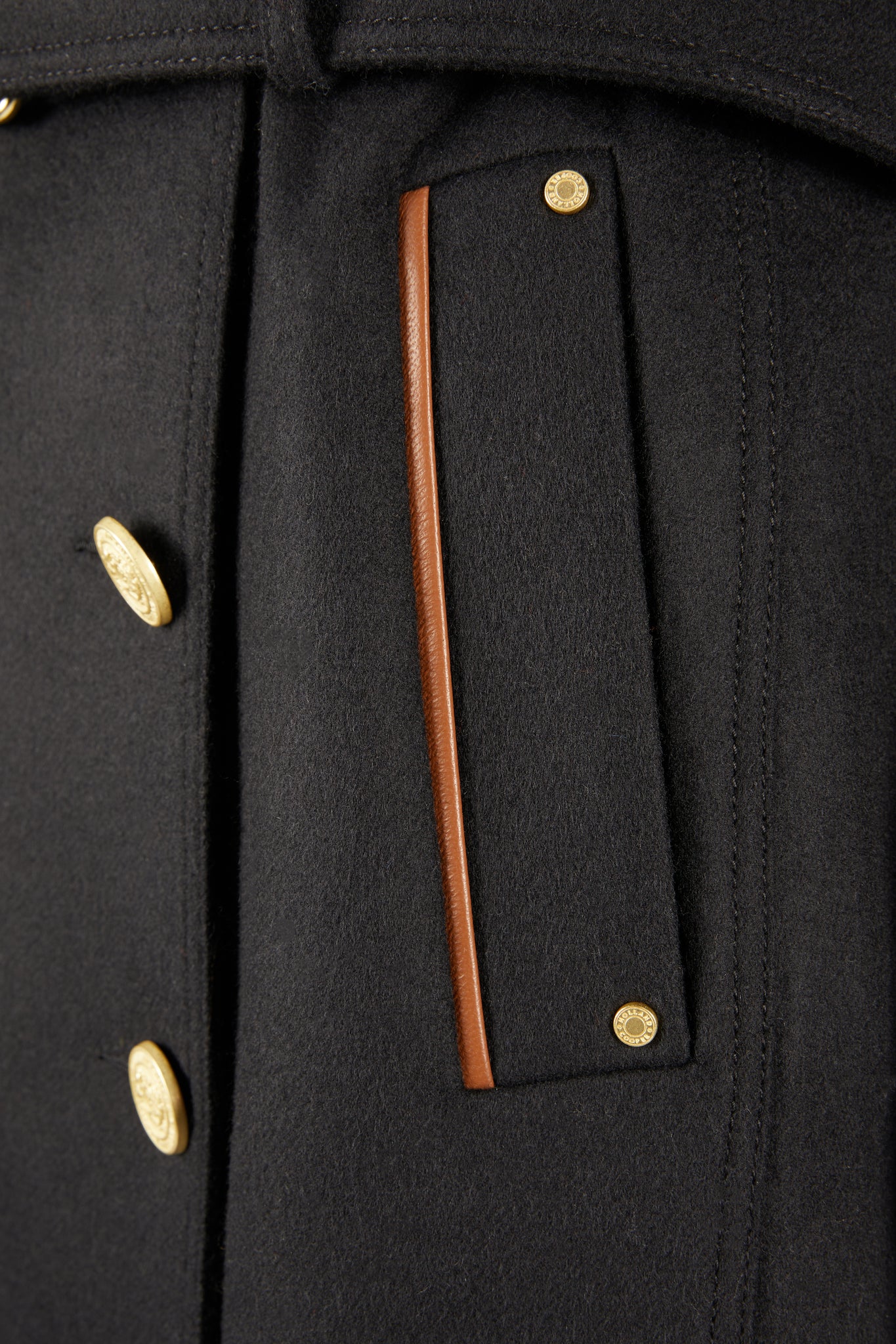 Pocket detail of Womens black and tan brown leather detailed with gold hardware knee length wool trench coat