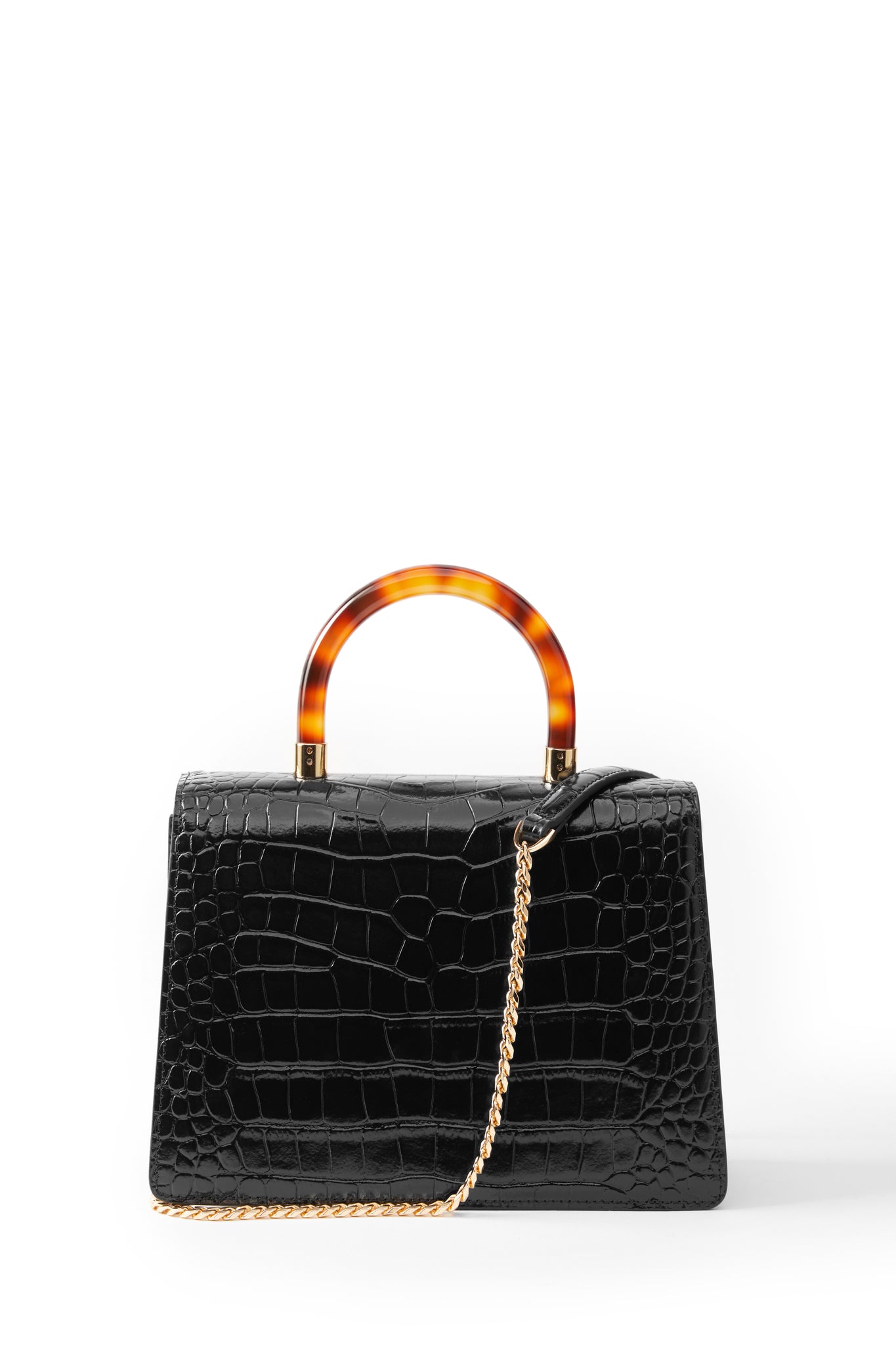 back image of womens black croc embossed leather shoulder bag with acetate tortoiseshell top handle and gold chain