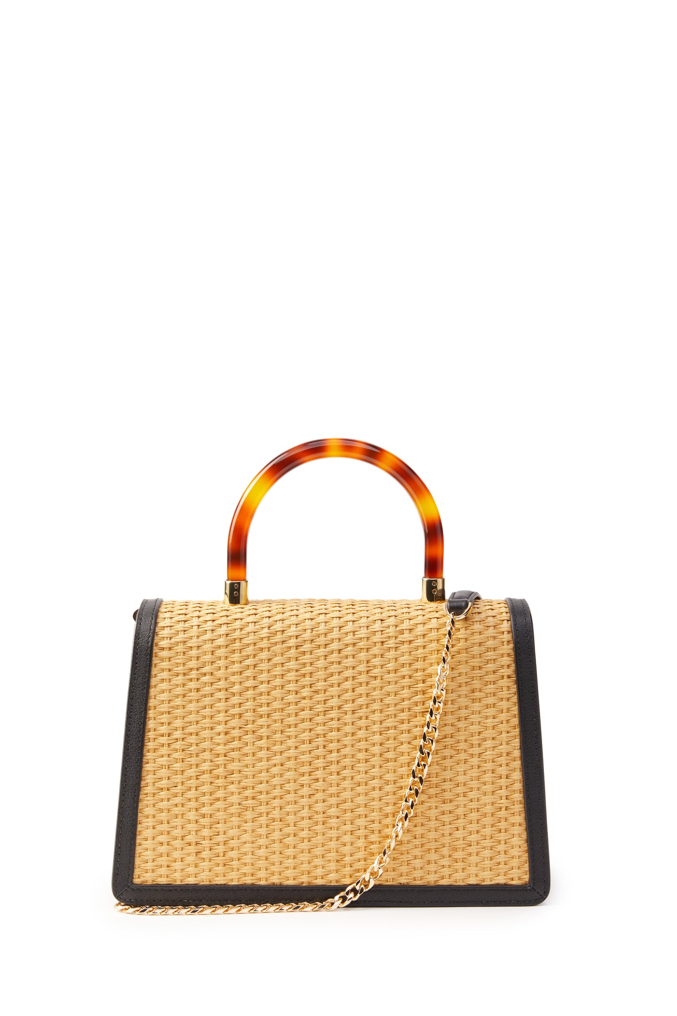 Back image of natural raffia bag with acetate tortoiseshell effect top handle and gold chain