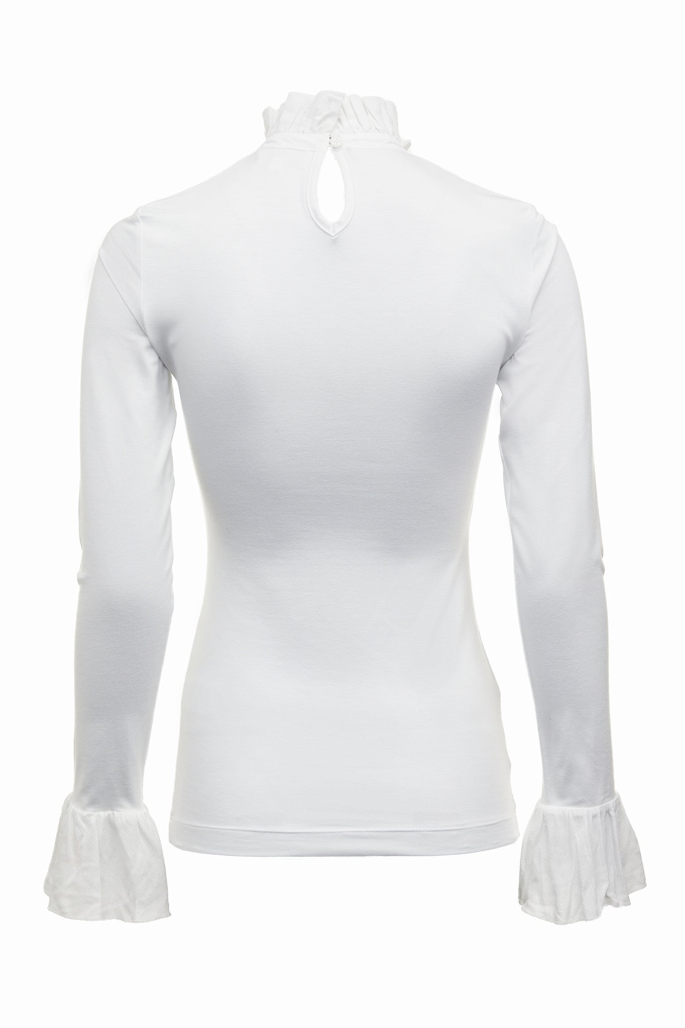 back image of a neatly fitted white long sleeve top with ruffled neckline and cuffs with frilly chest detail