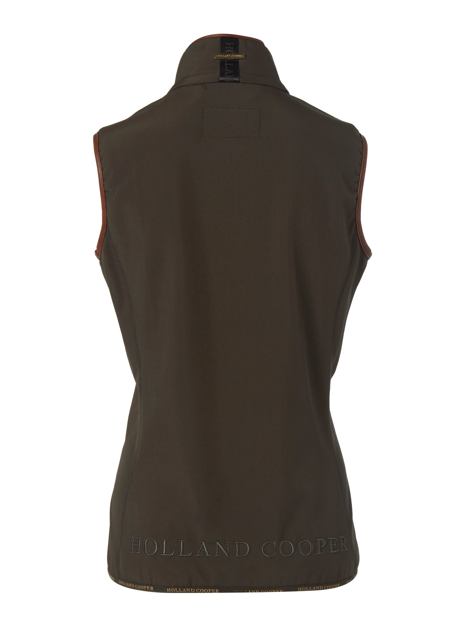 back of womens khaki gilet with dark brown leather seams and a logo across the bottom seam and on the collar