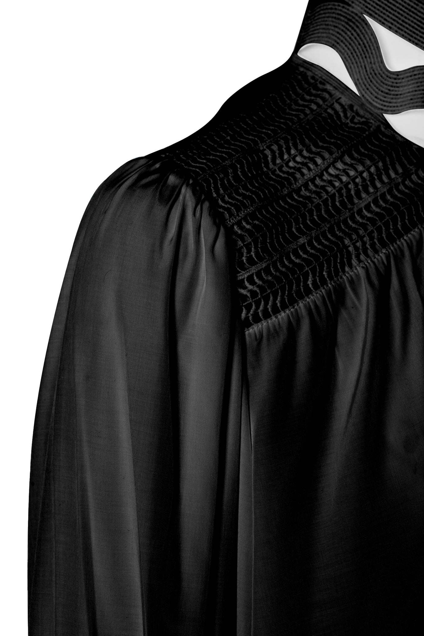 shoulder detail on womens black shirt with lace detail to the collar shoulders and arm cuffs and balloon sleeve