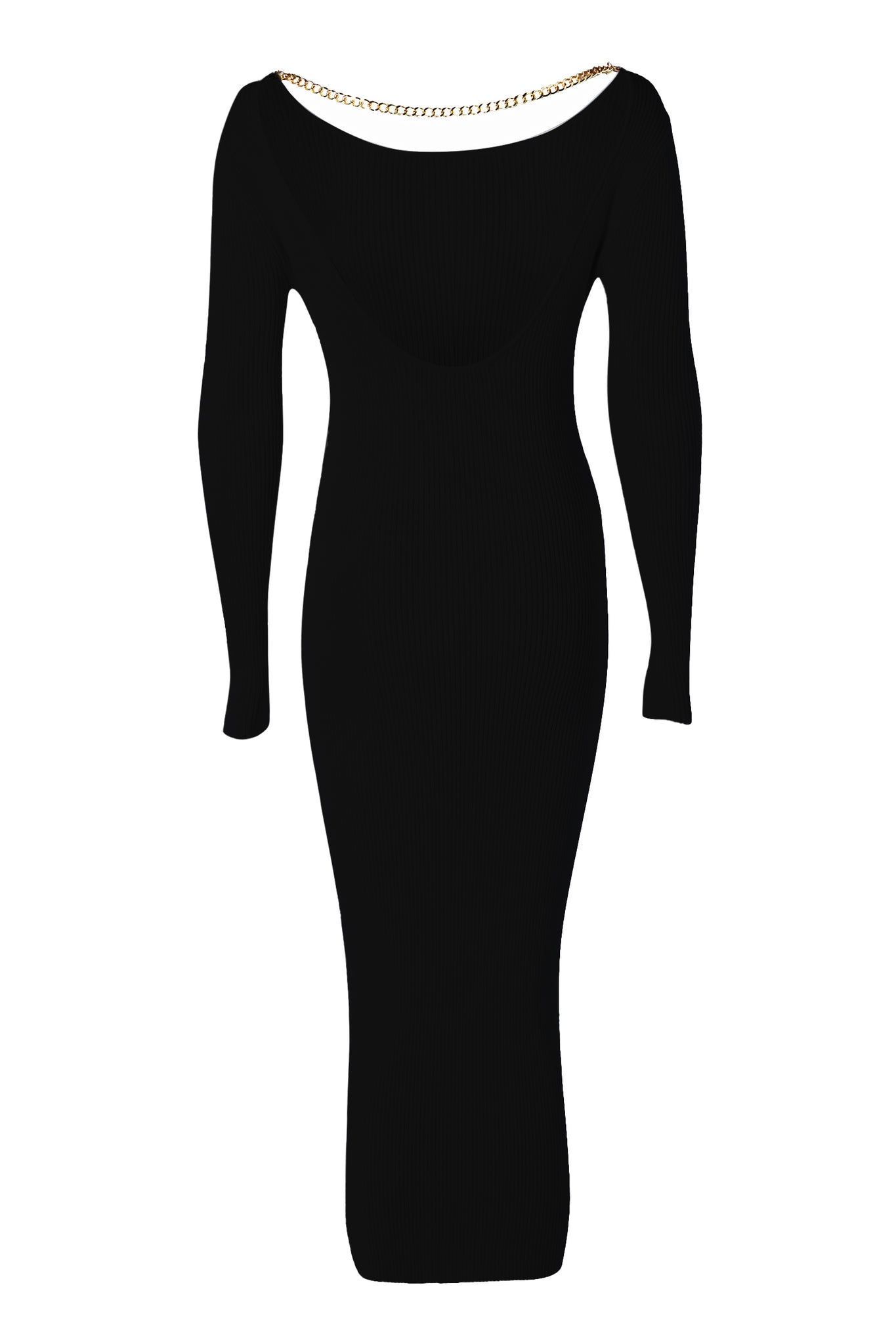 back of womens black long sleeved body-contouring ribbed backless midi dress with gold chain along back and gold buttons on the cuffs